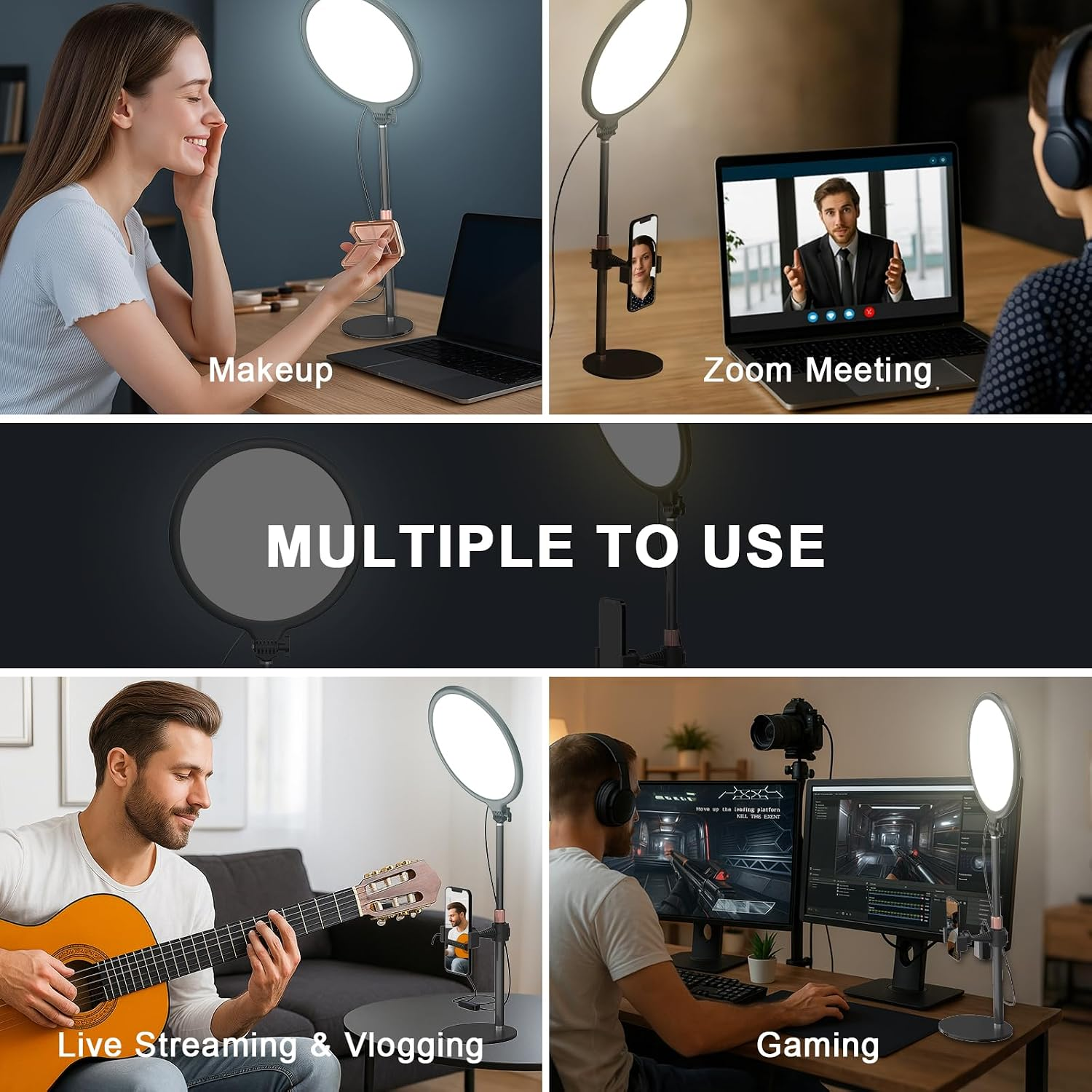 Eine Collage zeigt eine Ringleuchte für Makeup, Zoom-Meetings, Live-Streaming, Vlogging und Gaming.