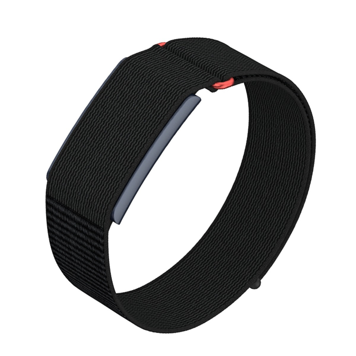 Ein schwarzes Stoff-Smartwatch-Armband mit grauen Metallmodul und kleinen roten Akzenten vor weißem Hintergrund.