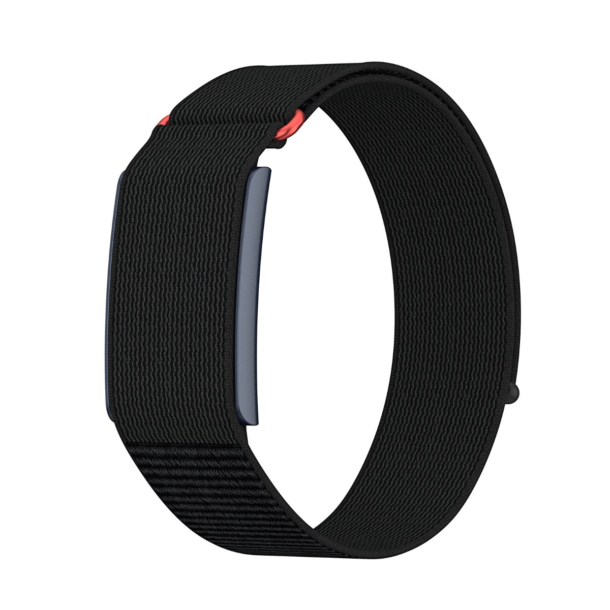 Ein schwarzes Nylon-Armband mit einem grauen Clip und roten Akzenten auf weißem Hintergrund.