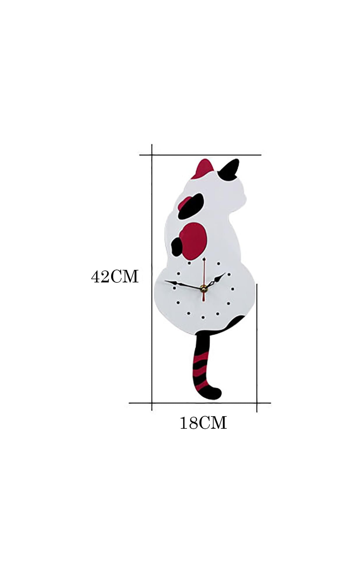 Wanduhr im Katzendesign, weiß mit schwarzen und roten Flecken, Abmessungen 42x18 cm.