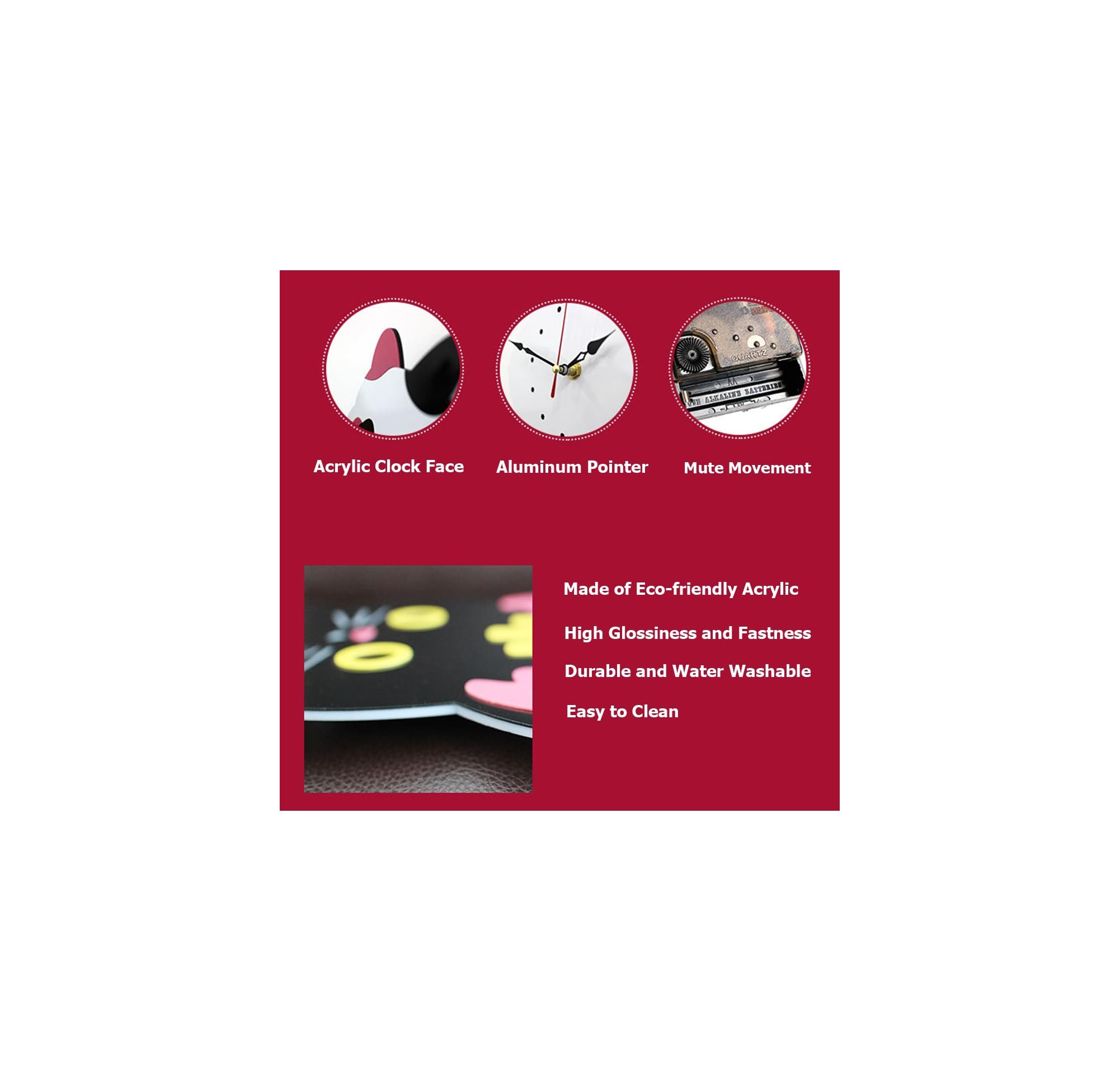 Produktinfografik mit Acryluhrblatt, Zeiger, leisem Uhrwerk und Materialdetails auf rotem Hintergrund.