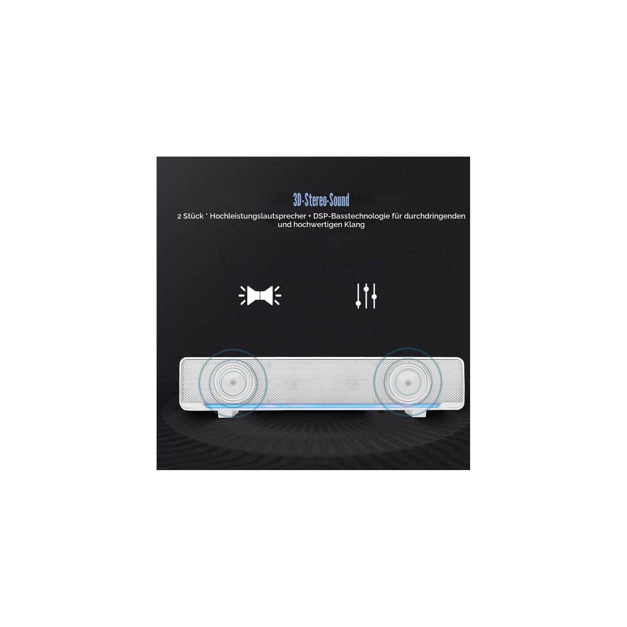 Weiße Soundbar vor schwarzem Hintergrund mit Text und Symbolen für 3D-Stereo-Sound und DSP-Basstechnologie.