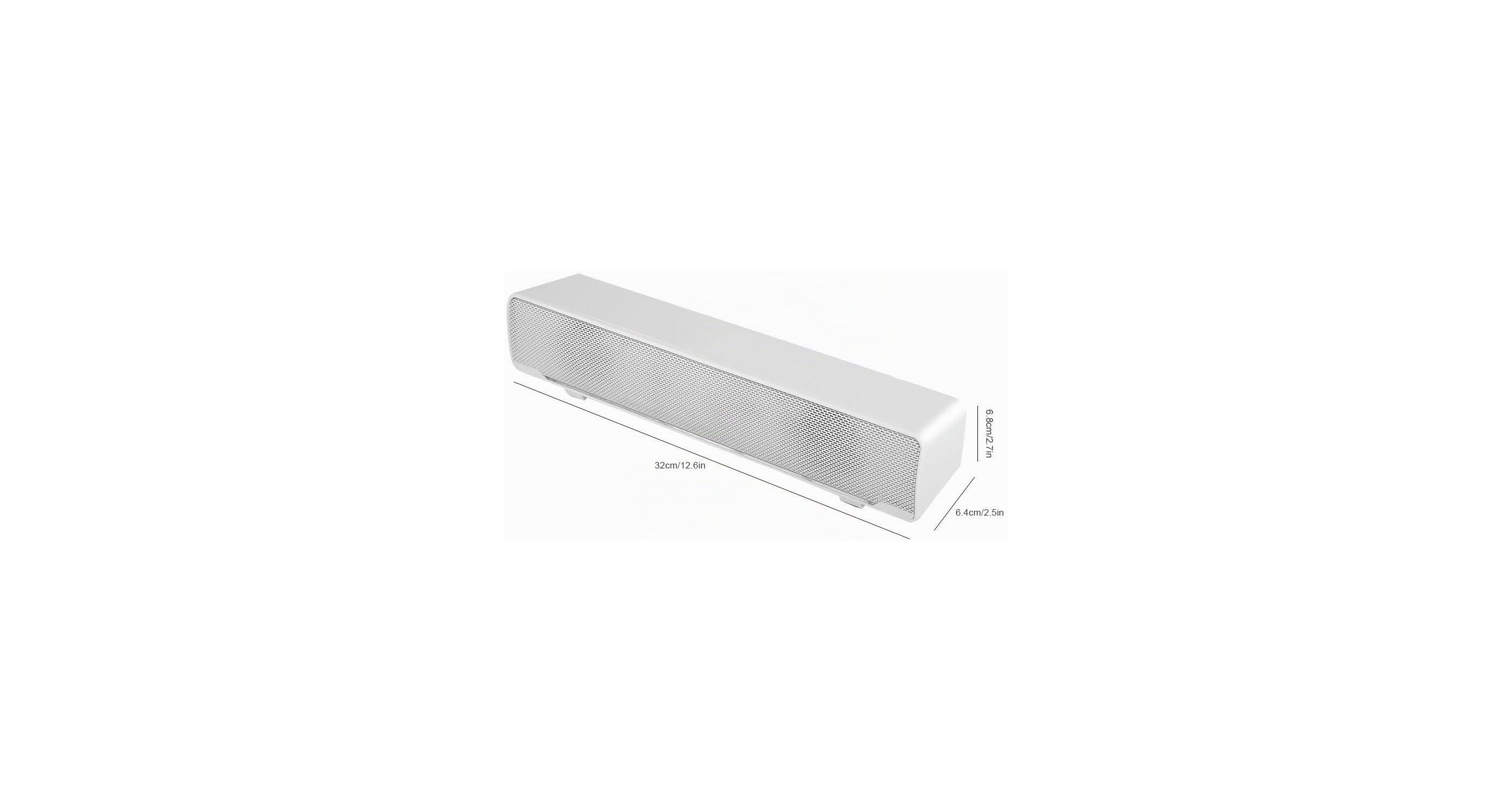 Eine weiße Soundbar mit Maßlinien zeigt 32 cm Länge, 6,8 cm Höhe und 6,4 cm Breite.