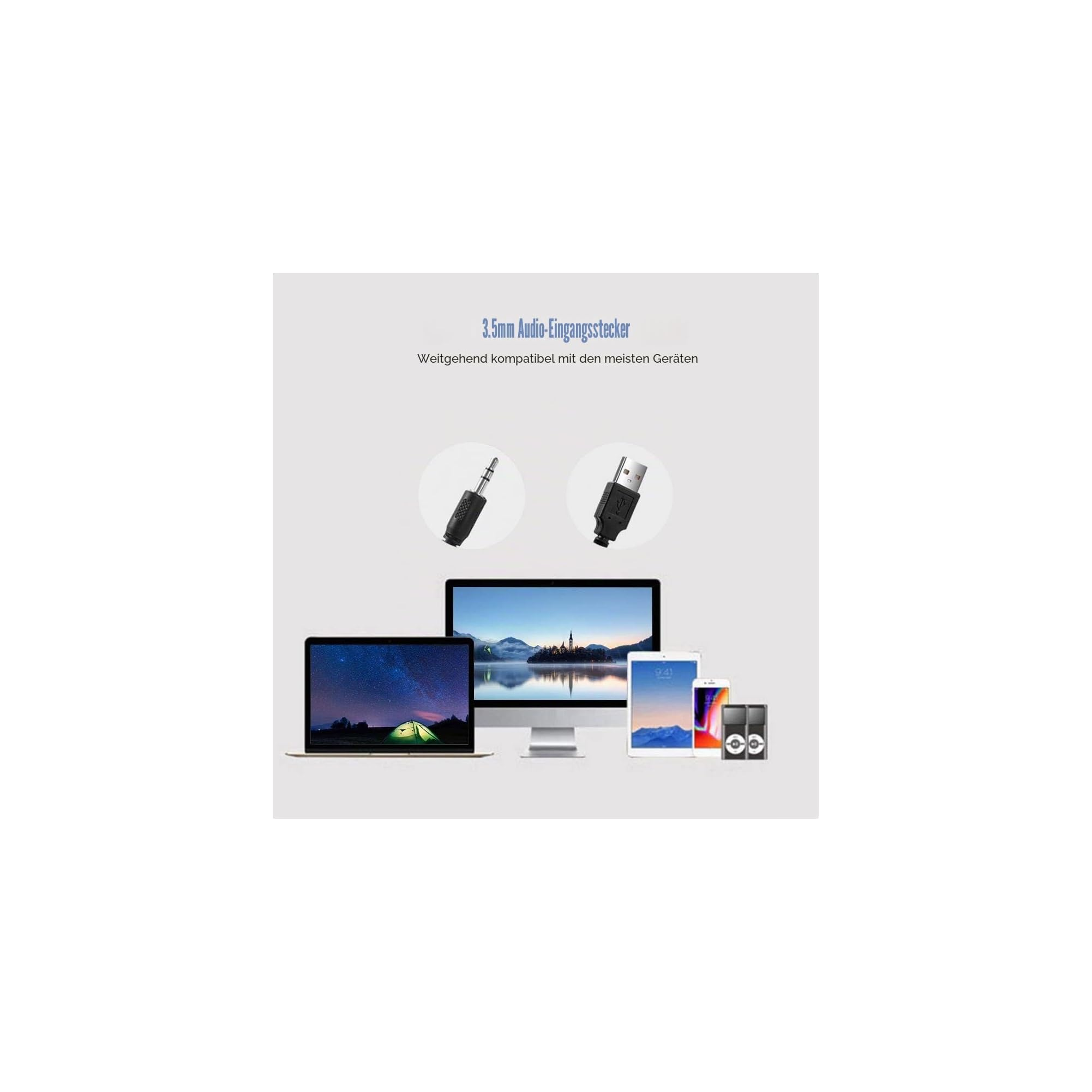 3.5mm Klinkenstecker und USB-Anschluss kompatibel mit Laptops, Monitoren, Tablets und Smartphones.