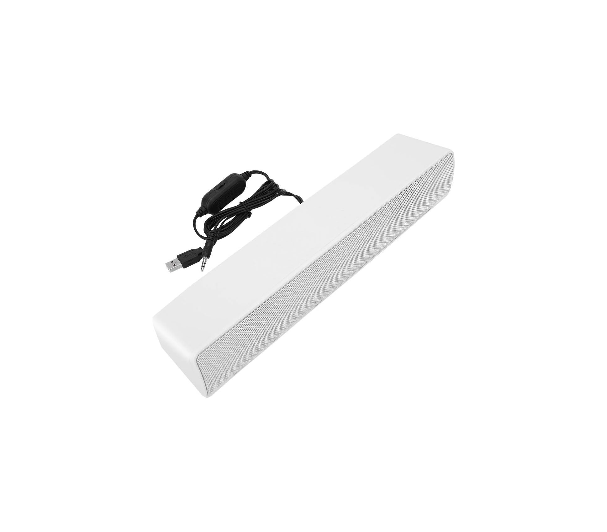 Eine weiße rechteckige Soundbar mit einem angeschlossenen schwarzen Kabel, das USB- und Klinkenstecker hat.