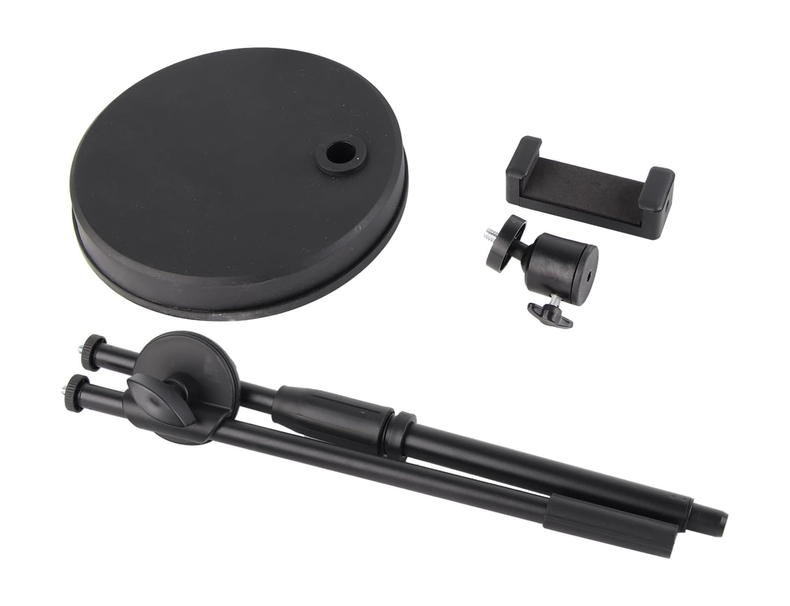 Ein schwarzer runder Sockel, eine verstellbare Handyhalterung, ein Kugelkopf und ein gefalteter Metallständer.