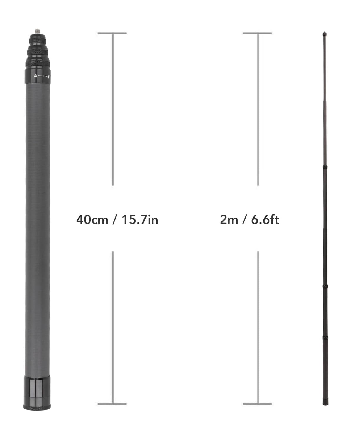 Ein technisches Diagramm zeigt einen geschlossenen und einen voll ausgefahrenen schwarzen Stab, Maße 40cm und 2m.