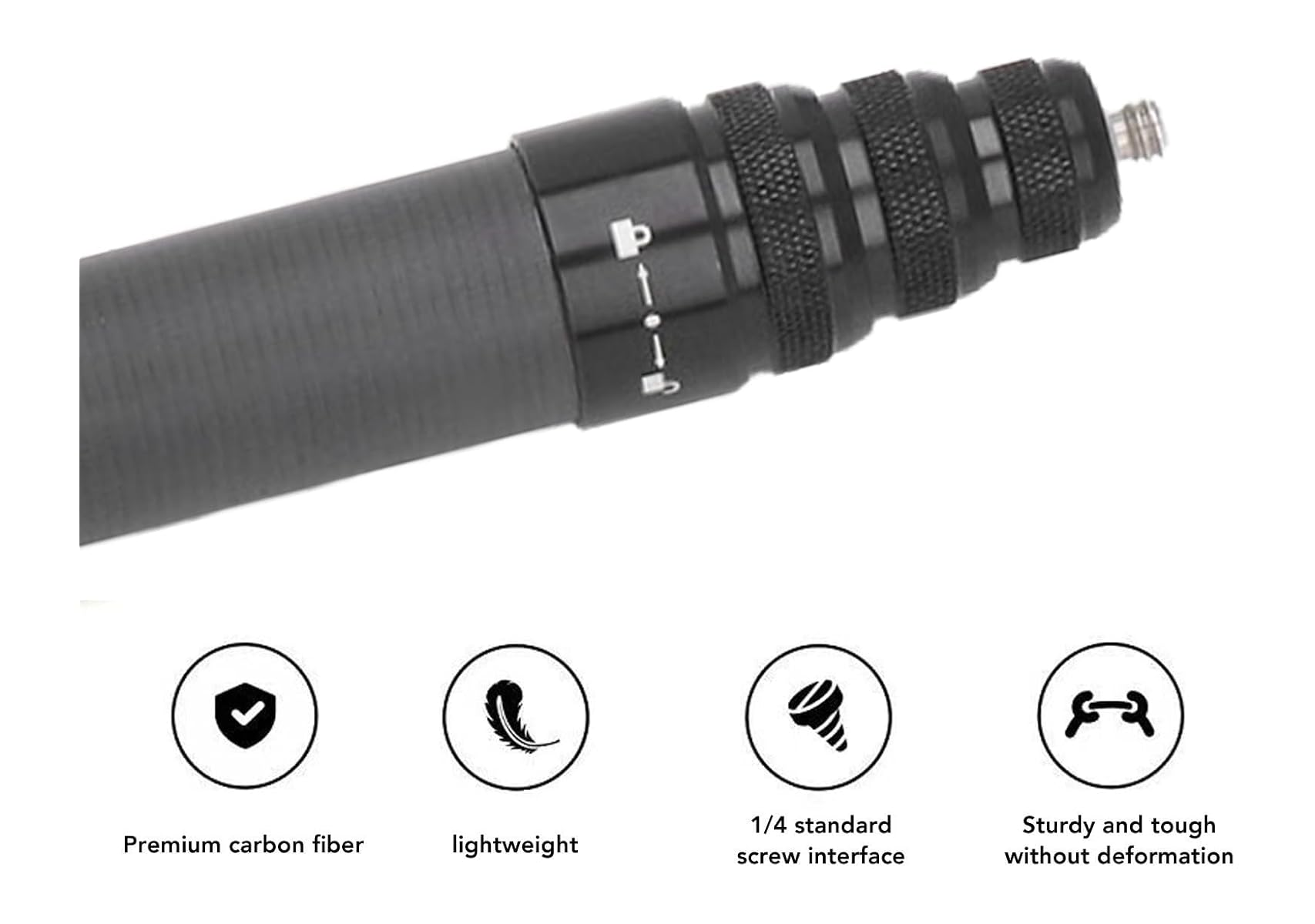 Carbon-Monopod mit Verschlussringen und vier Symbolen darunter: Kohlefaser, leicht, Schraubanschluss, robust.