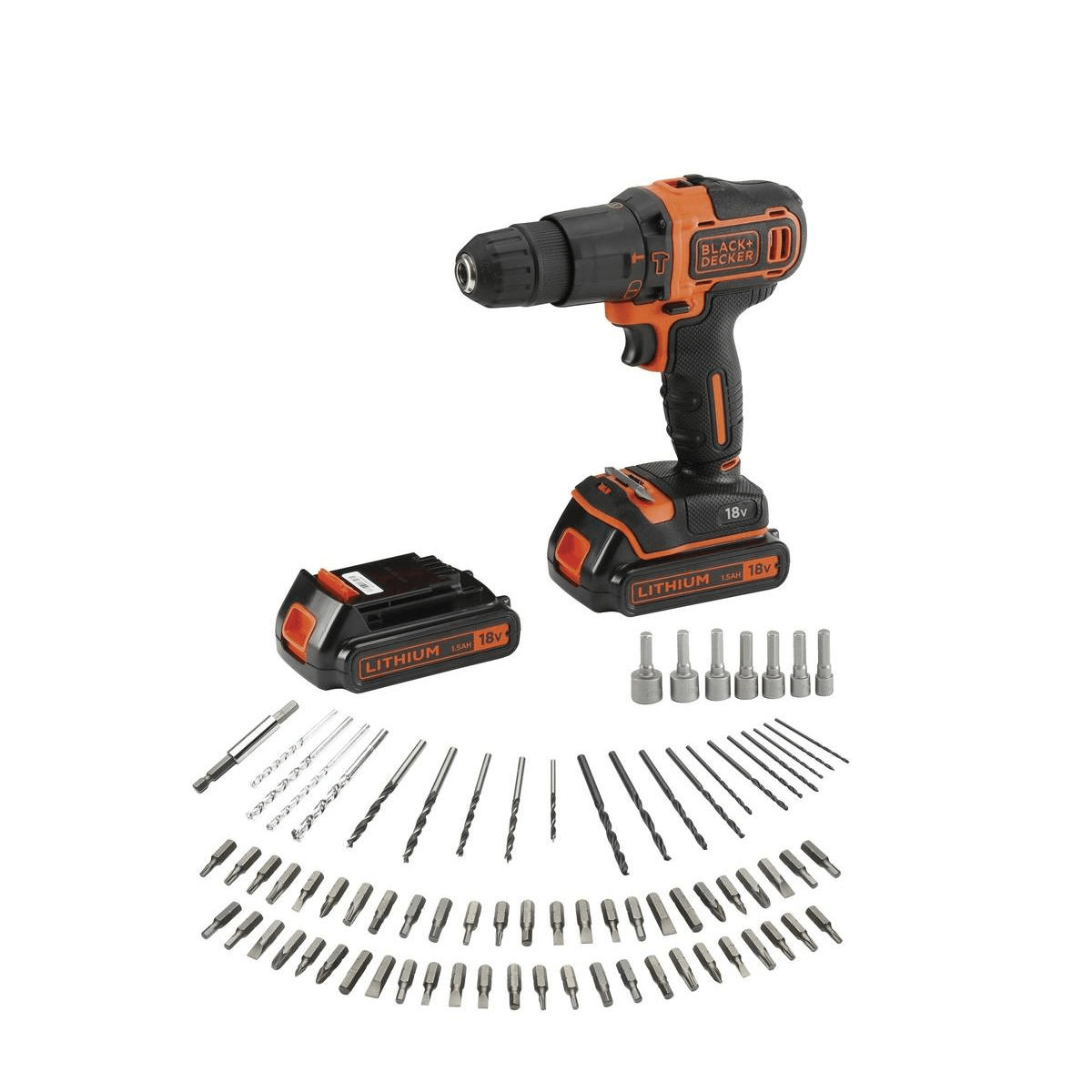 Un trapano a batteria nero e arancione Black & Decker con batteria di ricambio e set di inserti e punte.
