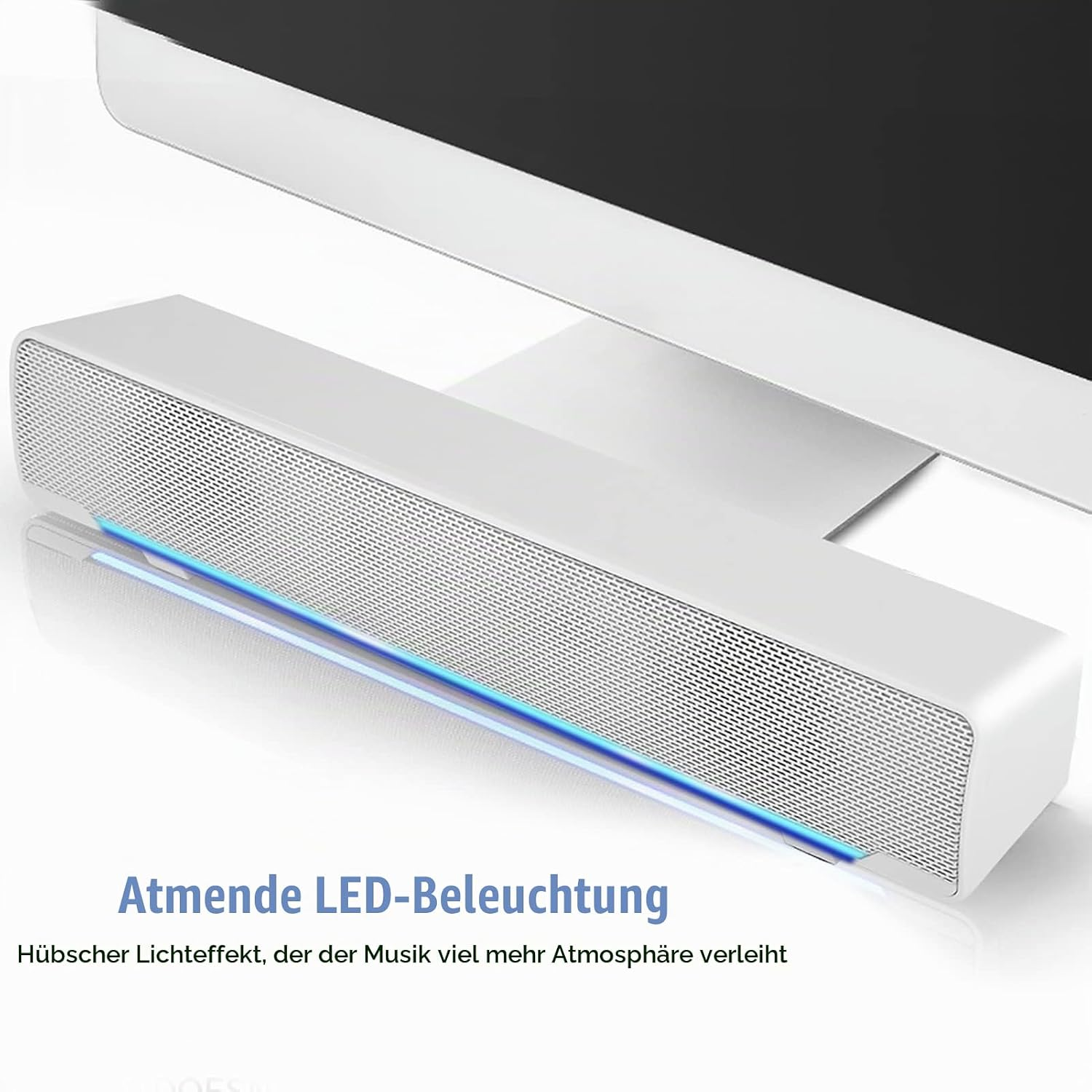 Weiße Soundbar mit blauer LED-Beleuchtung unter einem Computerbildschirm.