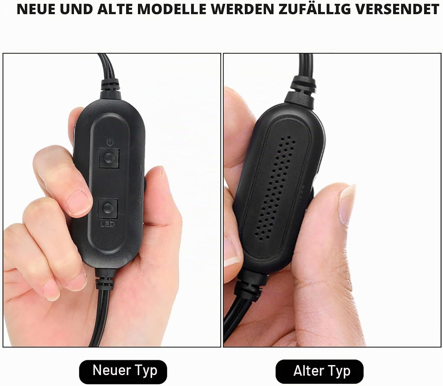 Vergleich zweier schwarzer Inline-Schalter mit Kabel in den Händen.