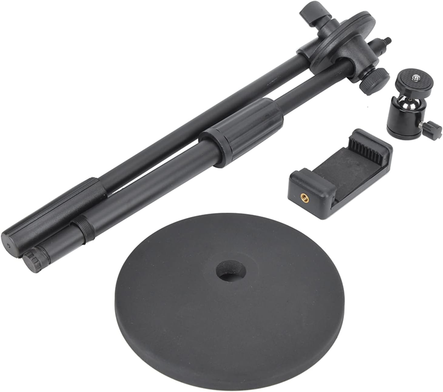 Schwarzes Stativset mit runder Basis, verstellbarem Arm, Kugelkopf und Smartphone-Halterung.