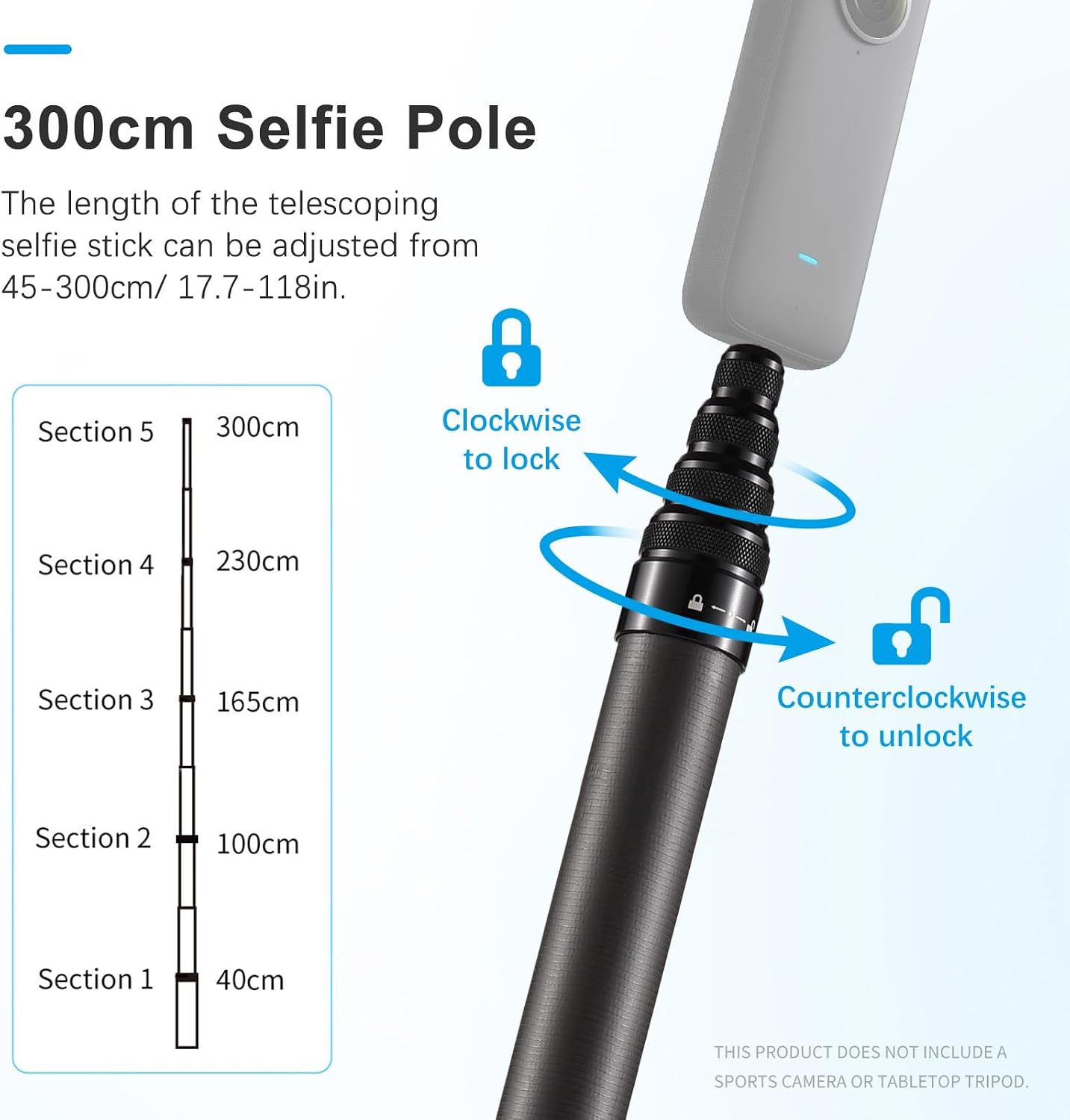 Diagramm eines 300 cm Selfie-Sticks mit Erklärungen zum Verriegeln und Entriegeln.