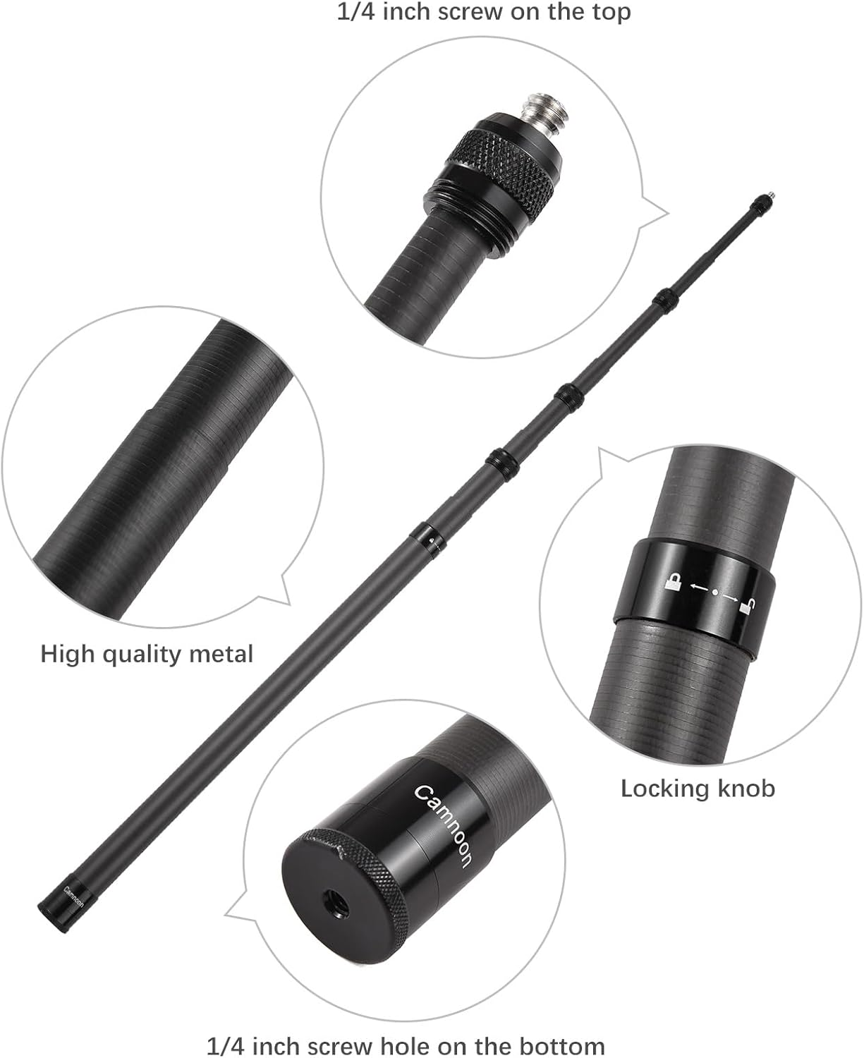 Ein schwarzer Selfie-Stick mit 1/4-Zoll-Schraube, Arretierungsknöpfen, Metallkörper und unterem Schraubenloch, mit Details.