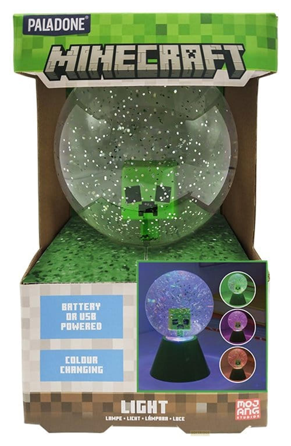 Minecraft Creeper Wasserkugel-Llampe in Verpackung mit Farbwechsel und Batterie- oder USB-Betrieb.