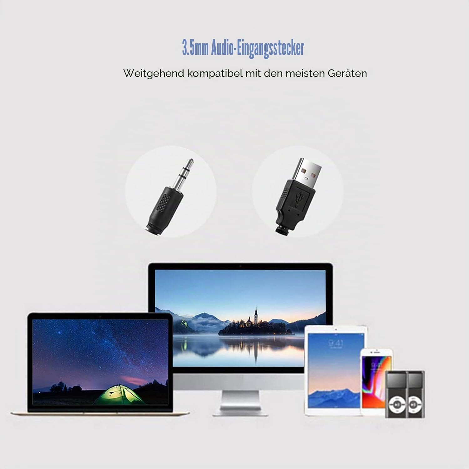 Grafik mit einer 3,5-mm-Klinke, einem USB-Stecker und Geräten wie Laptops und Handys.