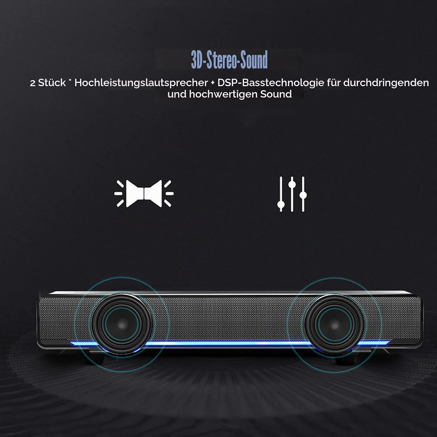 Eine schwarze Soundbar mit zwei sichtbaren Lautsprechern, blauen Schallwellen und deutschem Text oben.