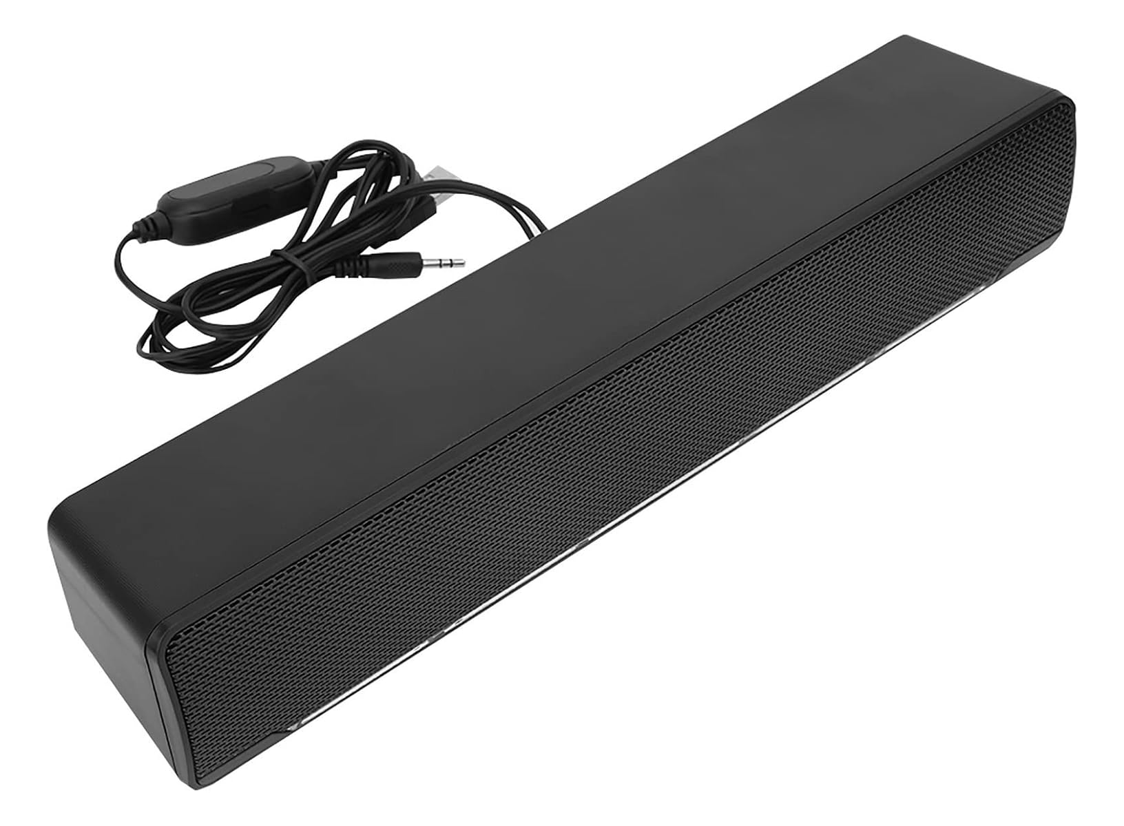Eine schwarze Soundbar mit Kabel auf weißem Hintergrund.