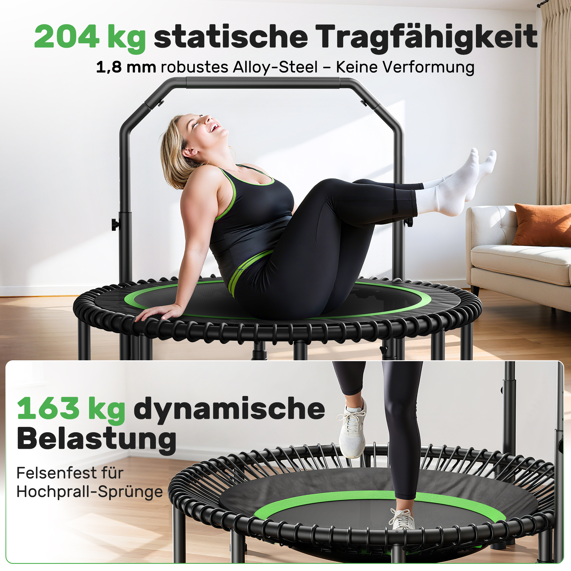 Eine Frau sitzt und springt auf einem Fitness-Trampolin mit Textoverlays.