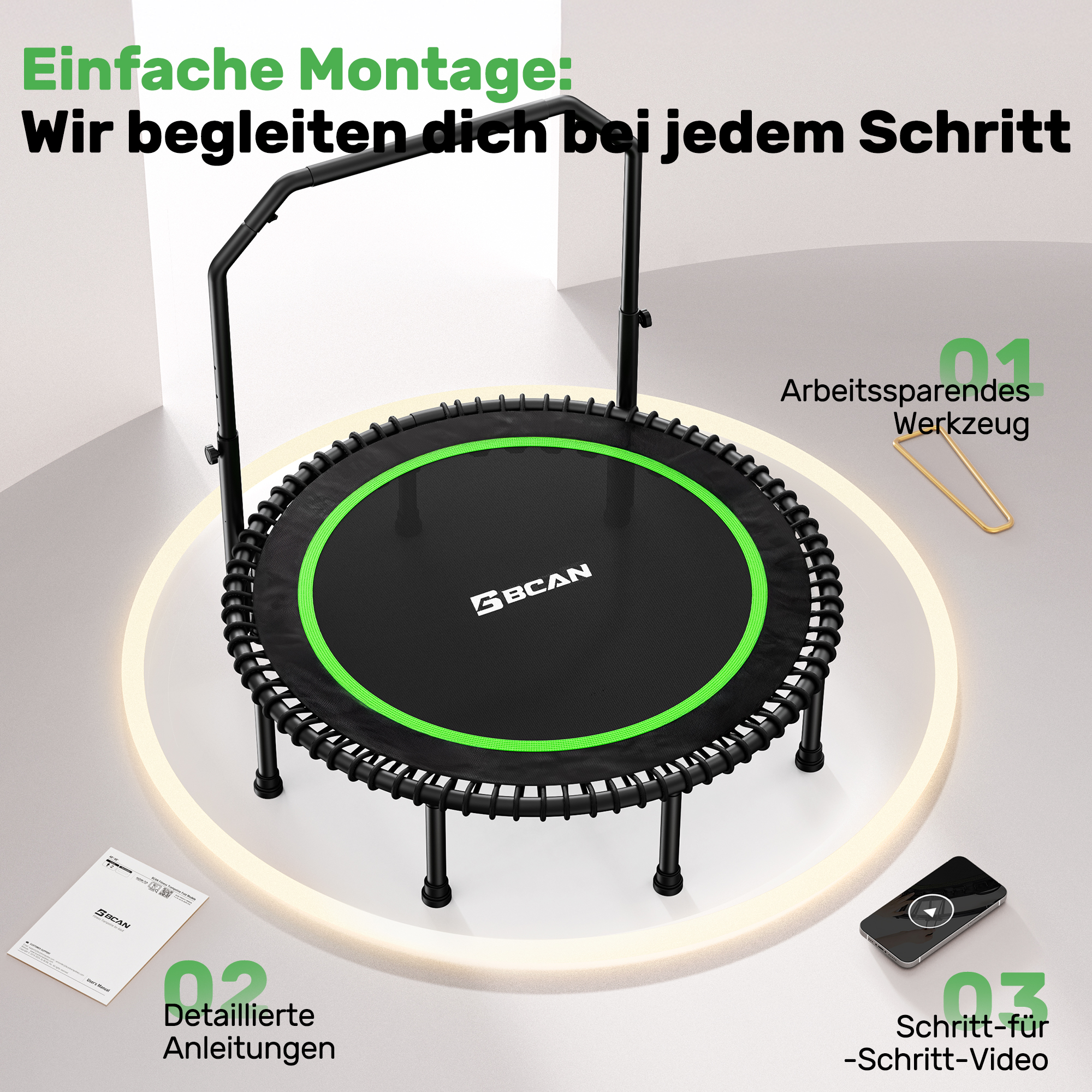 Ein schwarzes Minitrampolin mit einem Haltegriff steht auf einem runden Lichtpodest, begleitet von Werkzeug und Anleitung.