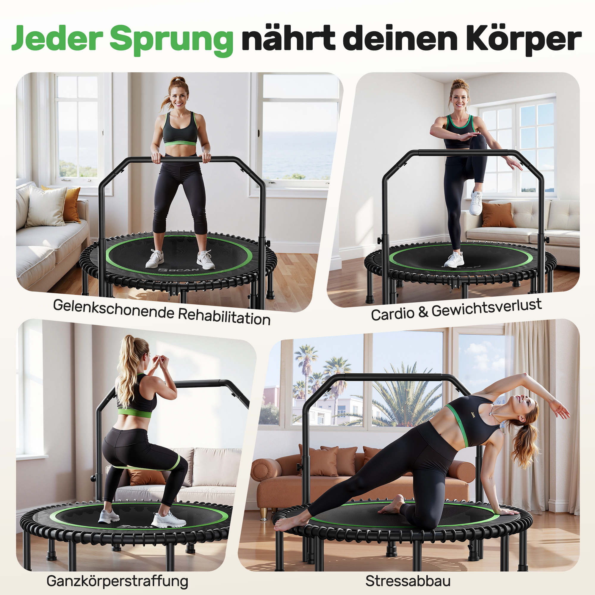 Frau trainiert auf einem Minitrampolin mit Haltegriff für Reha, Cardio, Straffung und Stressabbau.
