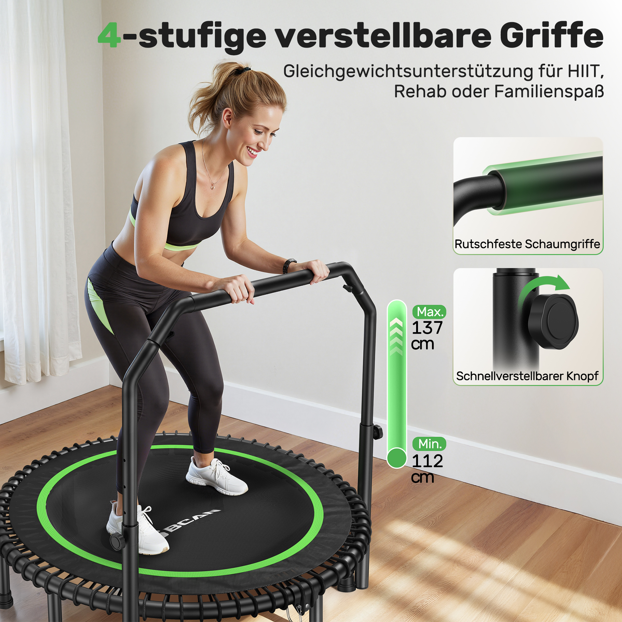 Eine Frau in Sportkleidung trainiert auf einem Minitrampolin mit verstellbarem Haltegriff.
