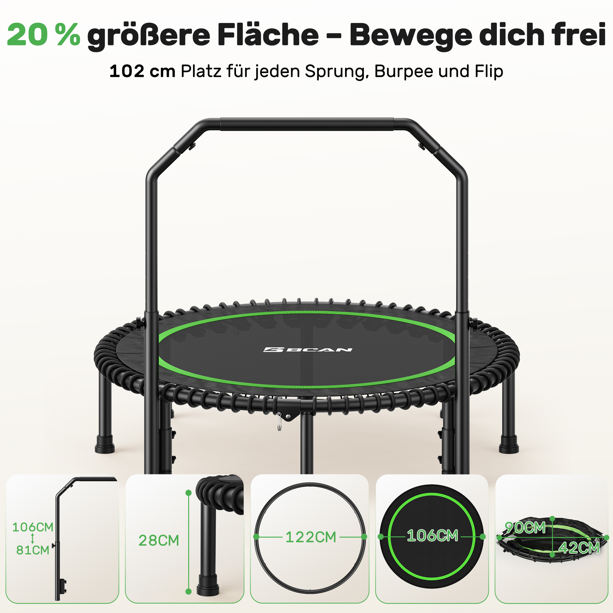 Ein schwarzes Fitnesstrampolin mit Sicherheitsbügel, grünen Akzenten und Maßangaben unten.