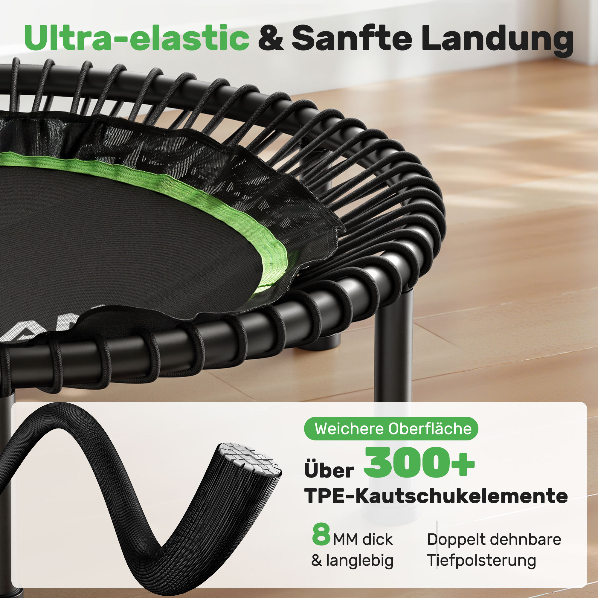 Ein schwarzes Fitness-Trampolin mit Gummiseilen und einer Detailgrafik der TPE-Kautschukelemente.
