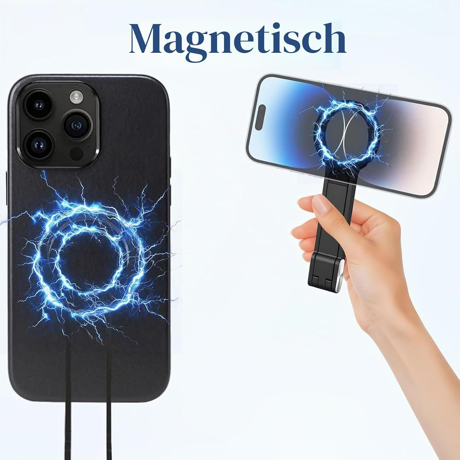 Handy in Schutzhülle mit elektrischen Blitzen und Magnetarm.