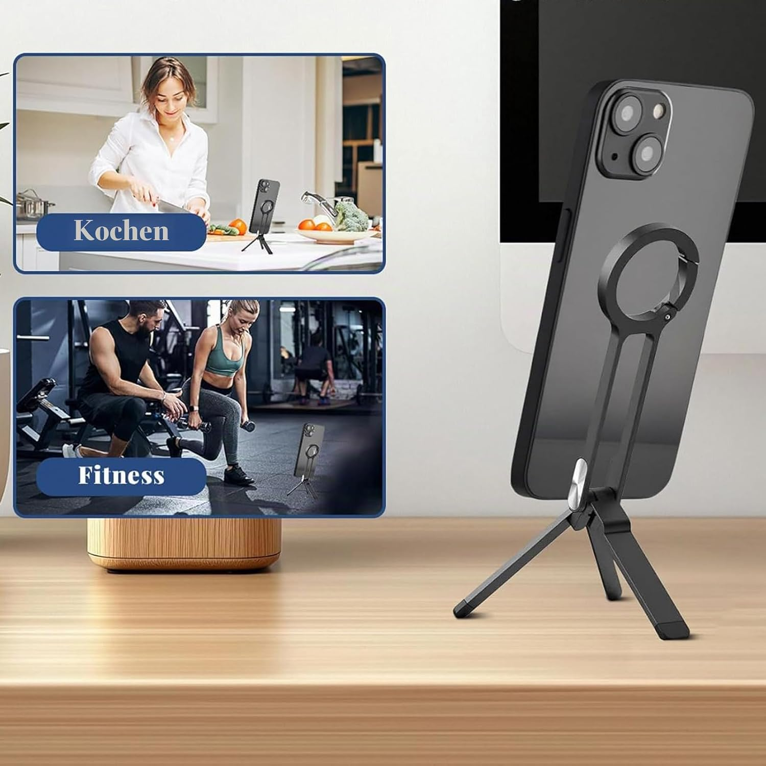 Ein Smartphone auf einem kleinen Dreibeinständer auf einem Holztisch mit Beispielen für Küche und Fitness.