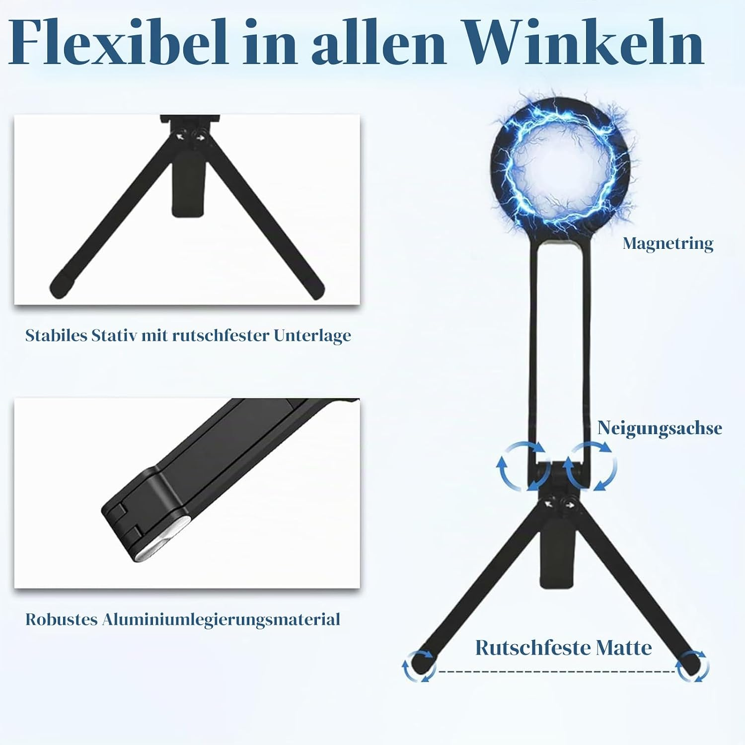 Ein Produktbild zeigt ein schwarzes Stativ mit Magnetring und Neigungsachse, inklusive deutscher Textbeschriftung.