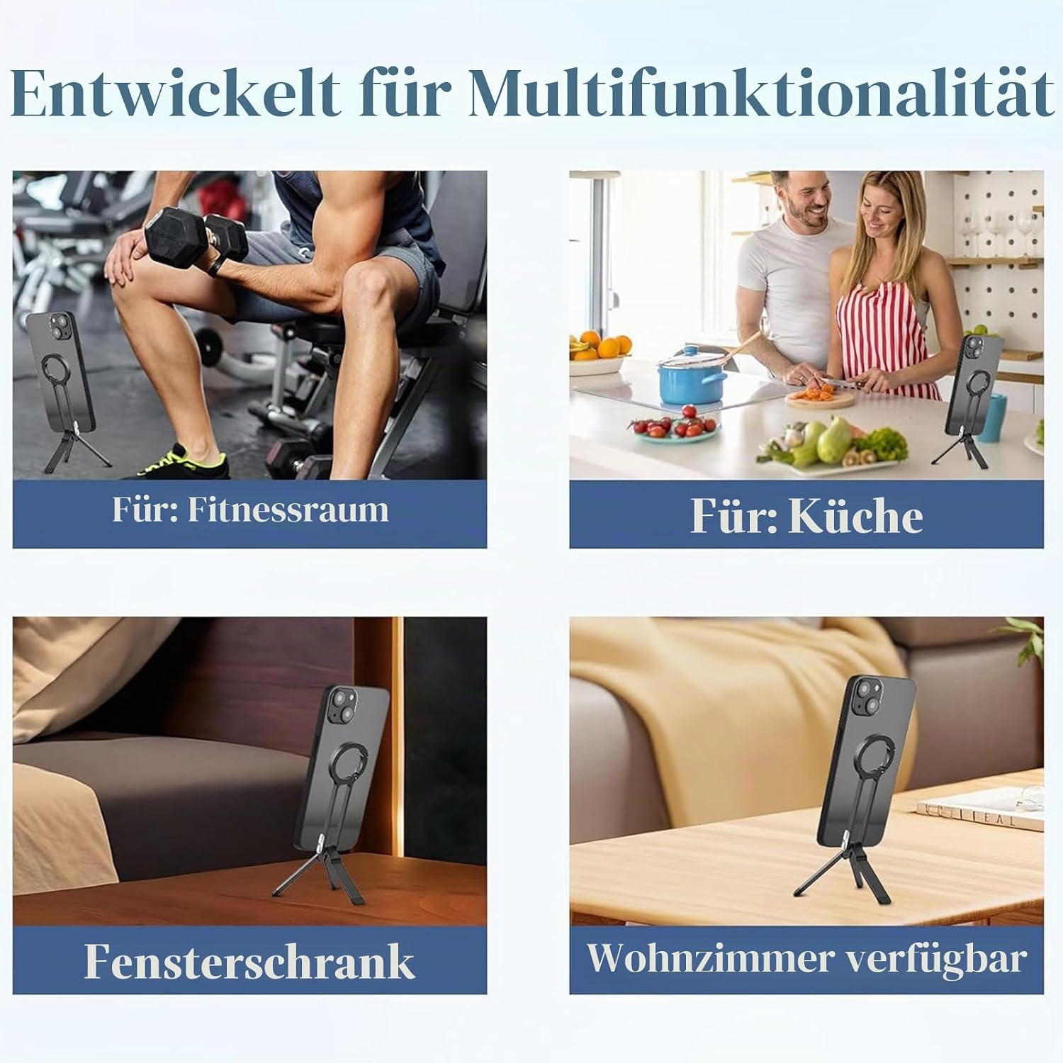 Vier Bilder zeigen den Handy-Ständer in Fitnessstudio, Küche, Schlafzimmer und Wohnzimmer.