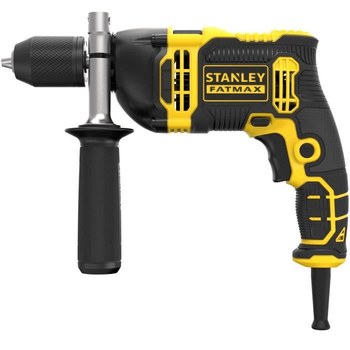 Eine schwarz-gelbe Stanley Fatmax Schlagbohrmaschine mit Zusatzgriff vor schlichtem weißem Hintergrund.