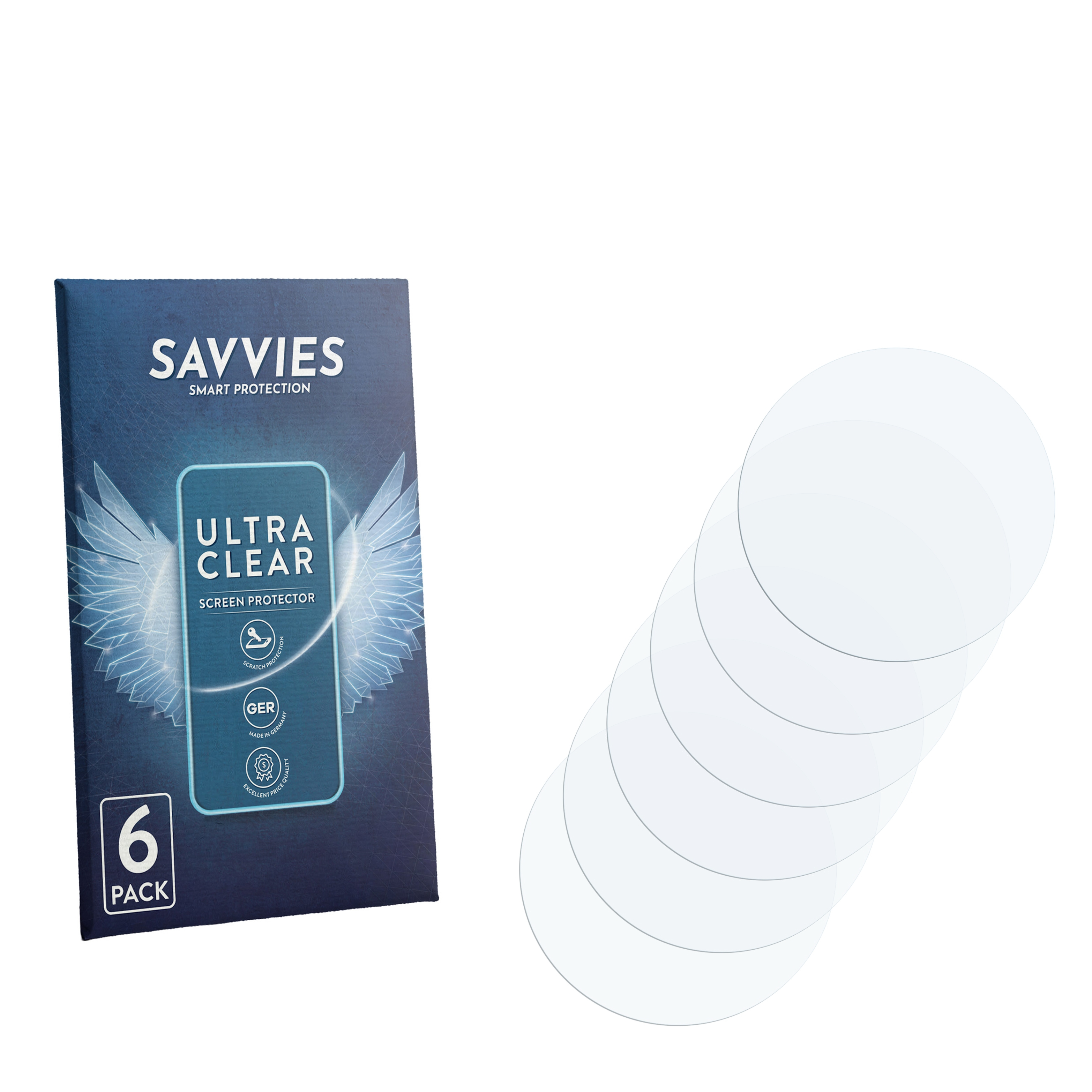Savvies Ultra Clear Displayschutzfolie, 6er-Pack, blaue Verpackung.