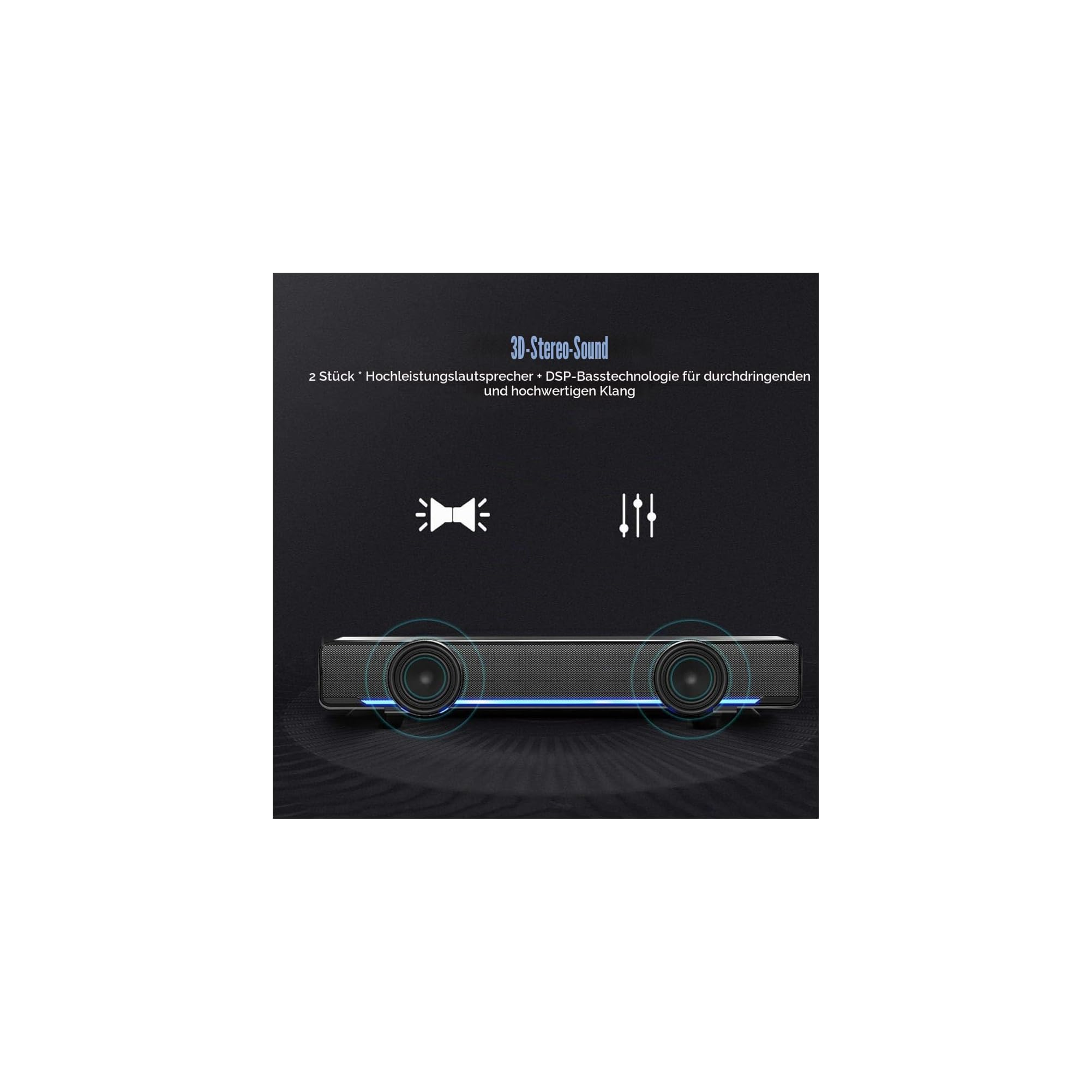 Eine schwarze Soundbar mit zwei Lautsprechern und blauer Beleuchtung vor dunklem Hintergrund.