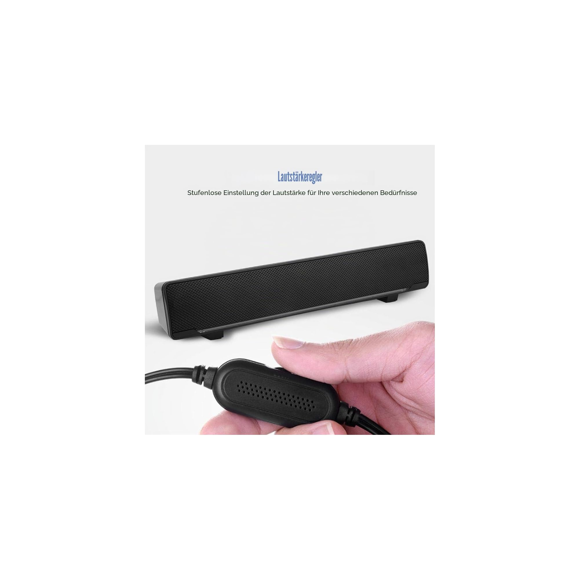 Eine Hand hält eine Inline-Lautstärkeregler-Einheit vor einem schwarzen Soundbar-Lautsprecher auf weißem Hintergrund.