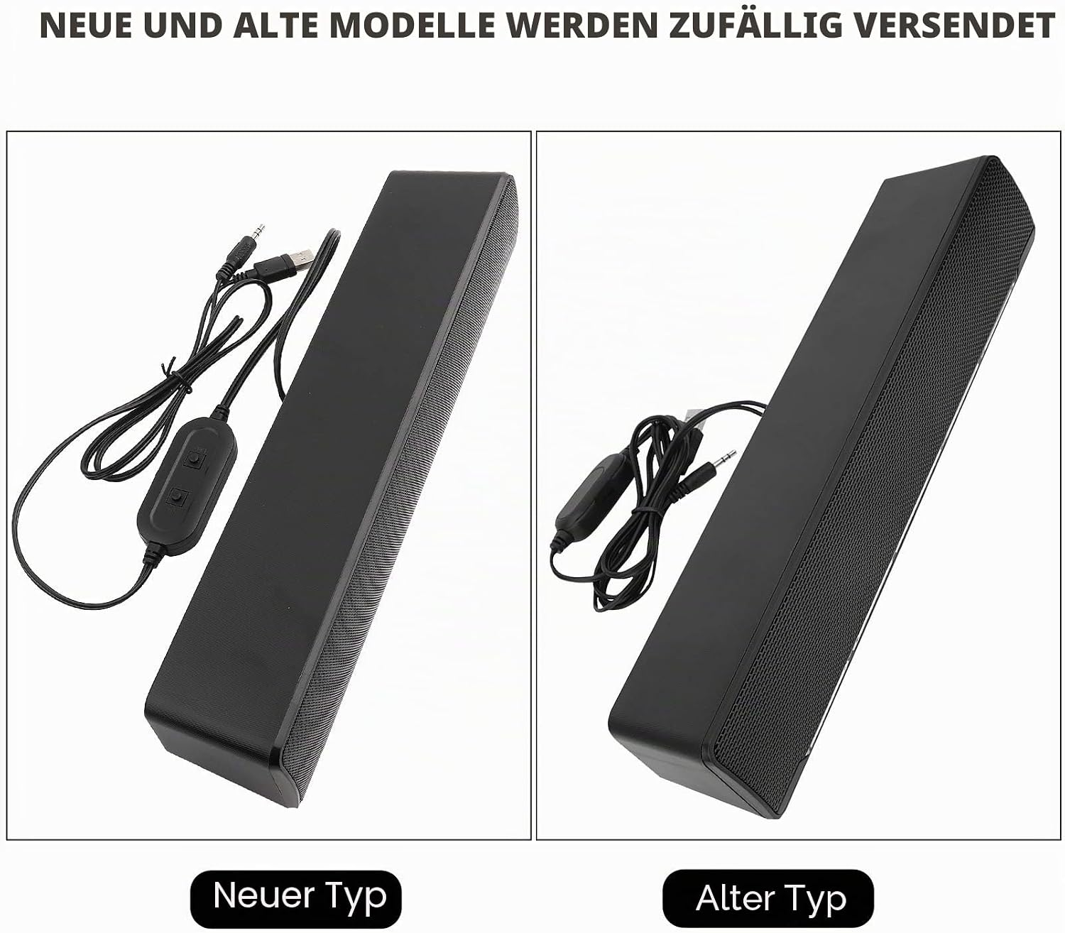Vergleich von neuem und altem Modell eines schwarzen PC-Lautsprechers mit Kabel.