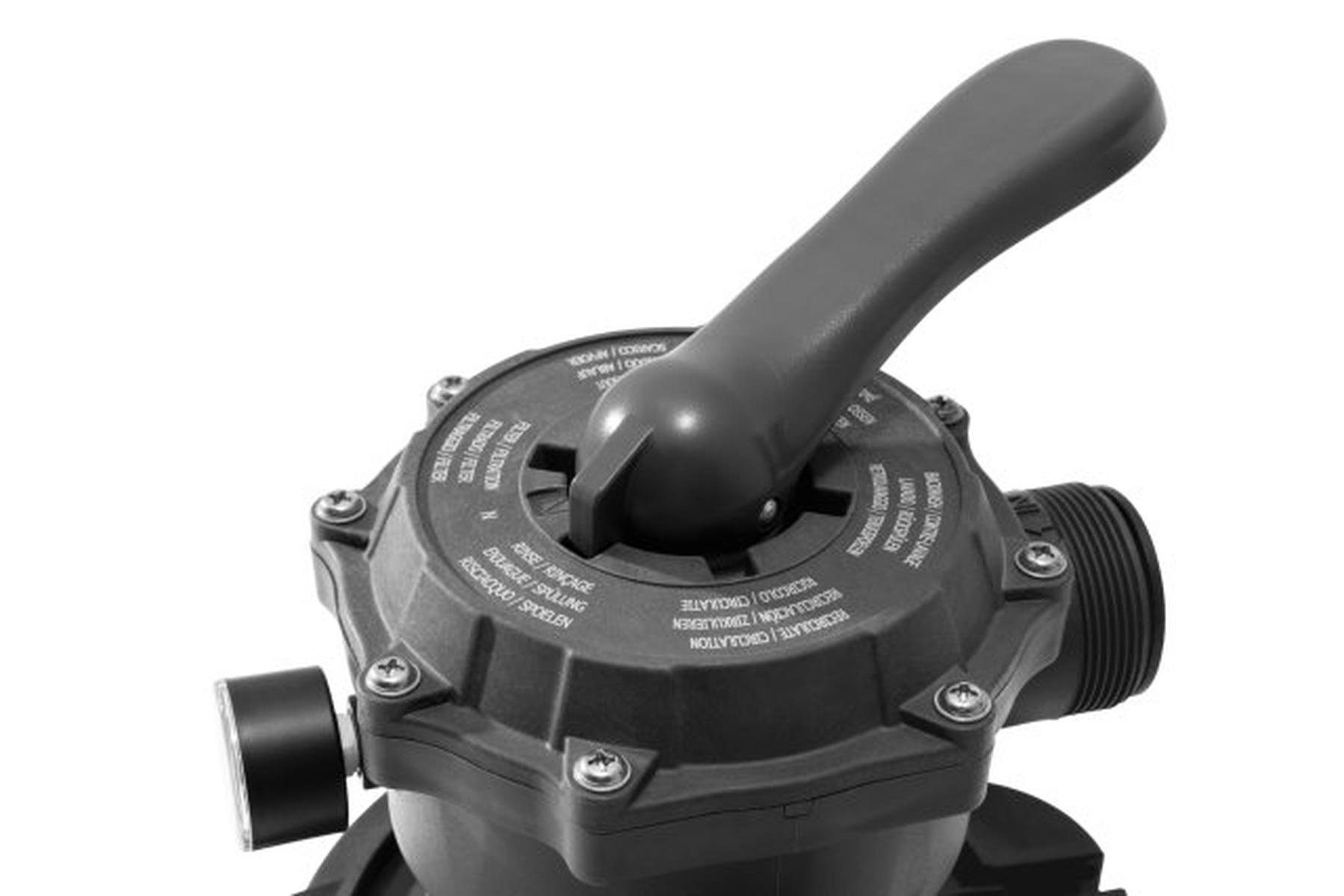 Graues Mehrwegeventil für Poolfilter mit Hebel und Beschriftung.
