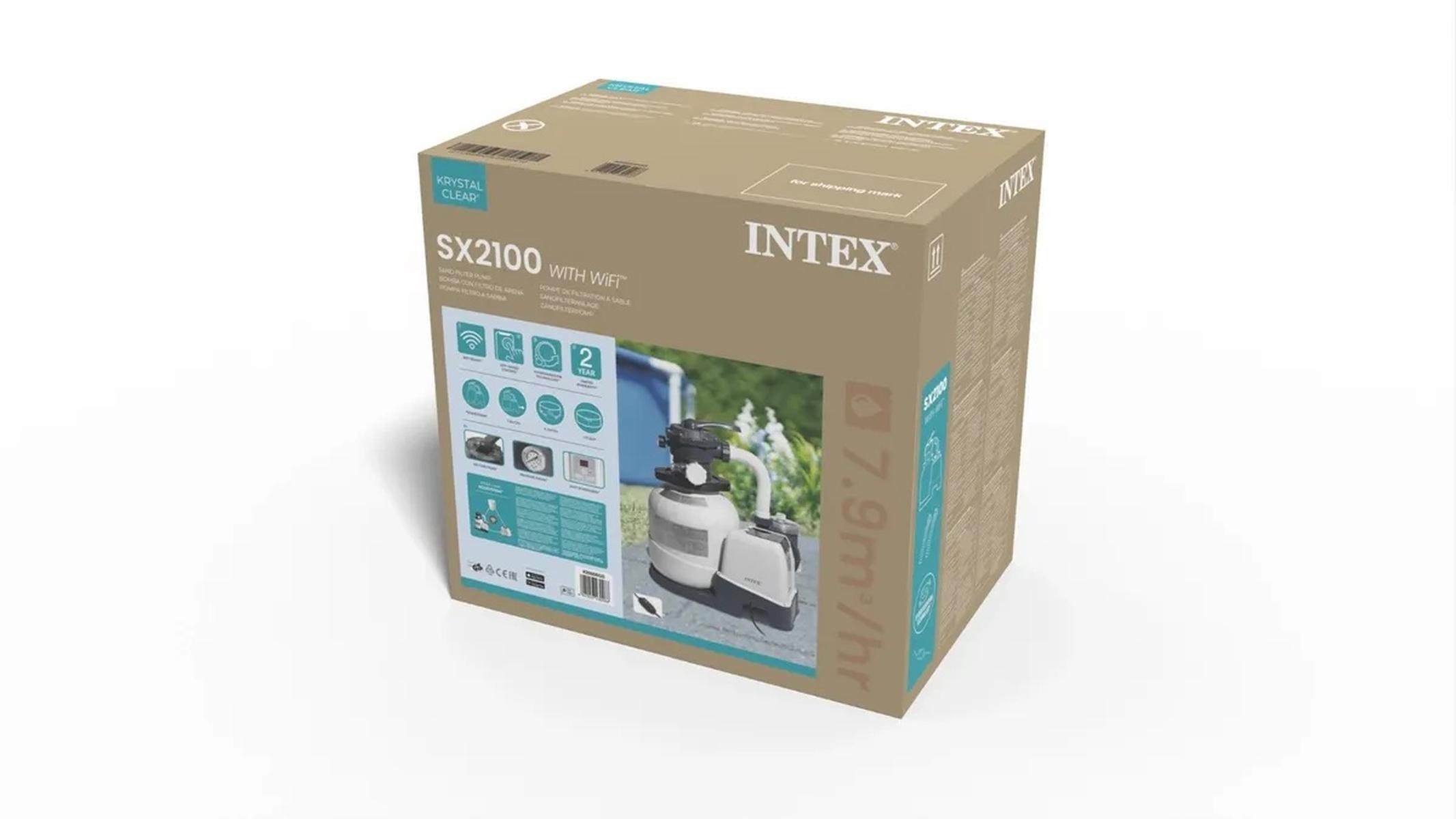 Eine braune Intex SX2100 Sandfilterpumpen-Verpackung zeigt das Produktfoto und Merkmale auf der Vorderseite.