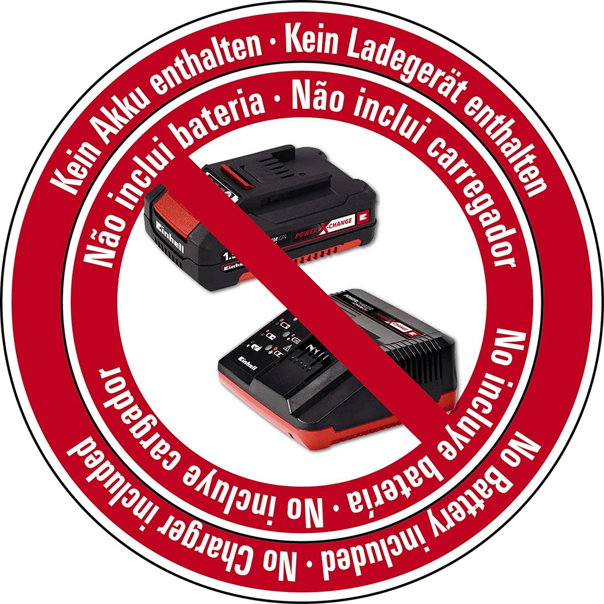 Pil ve şarj cihazı üzerinde kırmızı yasak işareti, No Battery ve No Charger yazılı.