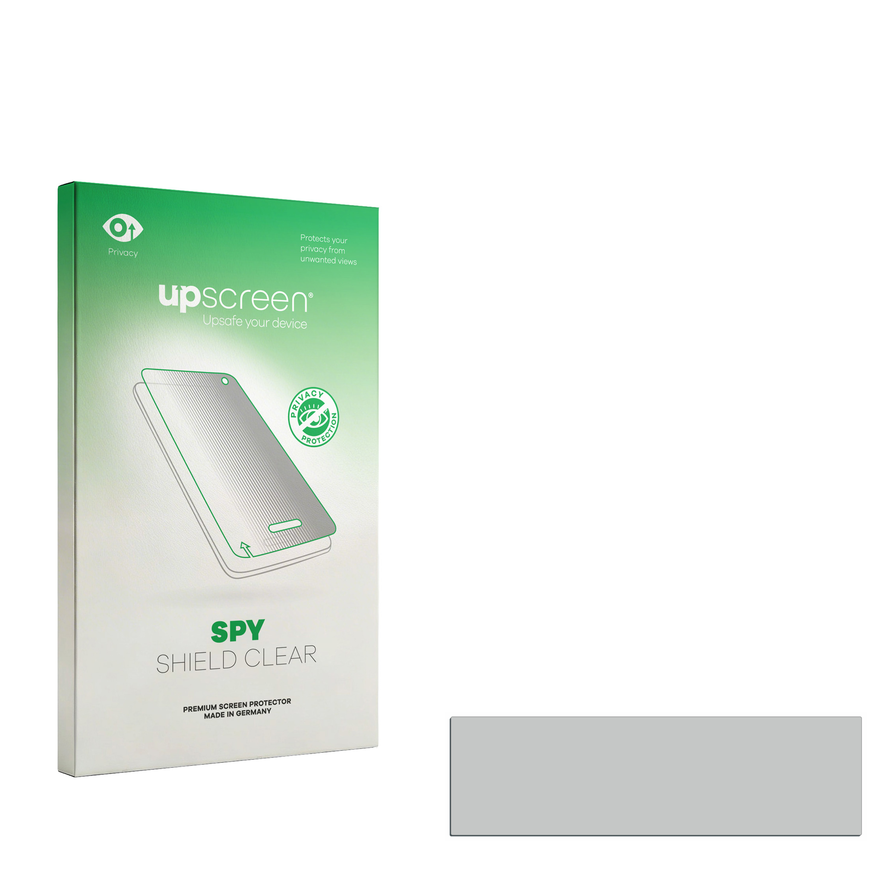 Grüne Verpackung für ein Upscreen Spy Shield Clear Displayschutzglas vor weißem Hintergrund.