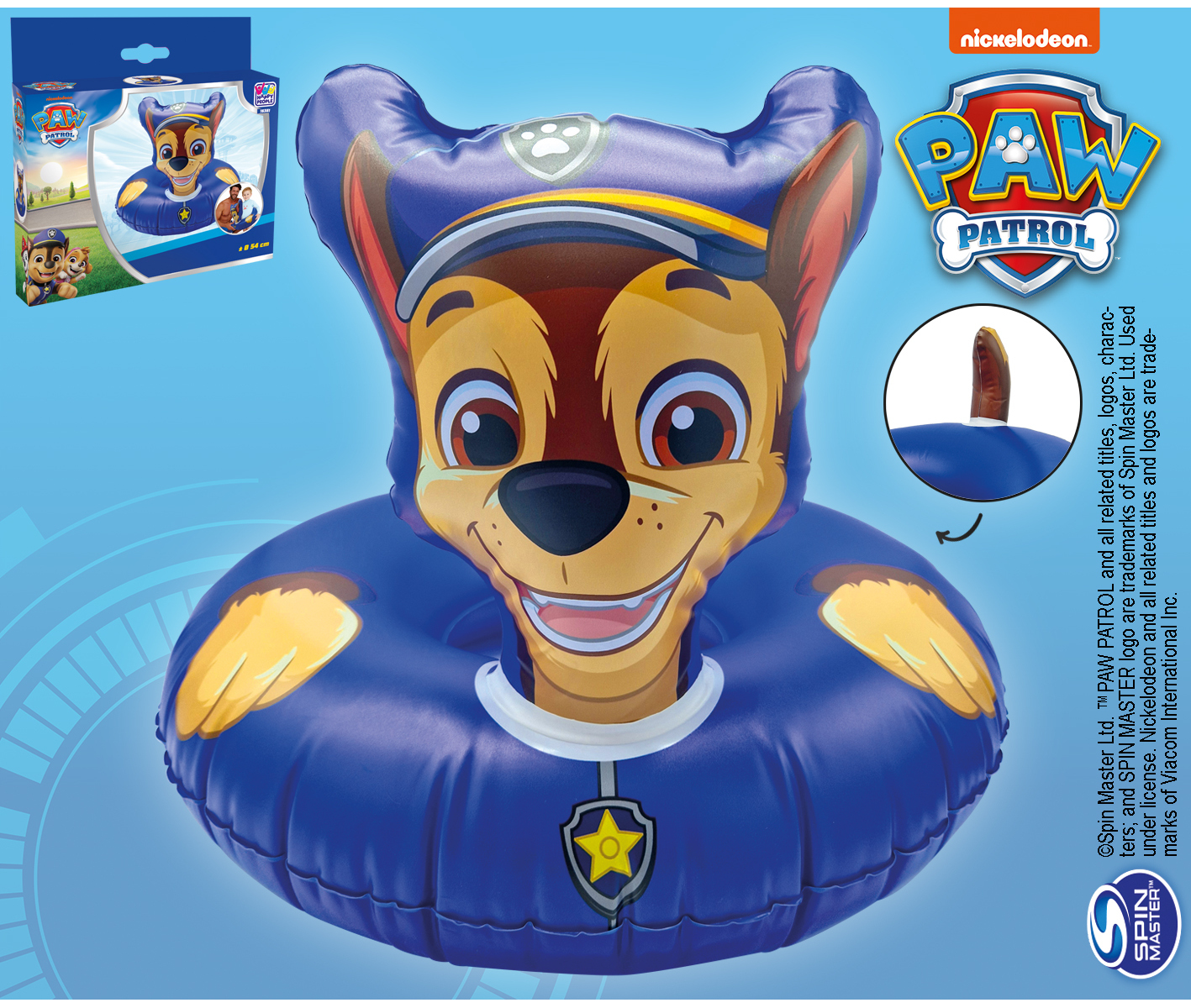 Un salvagente gonfiabile di Paw Patrol Chase su sfondo blu con confezione e logo.