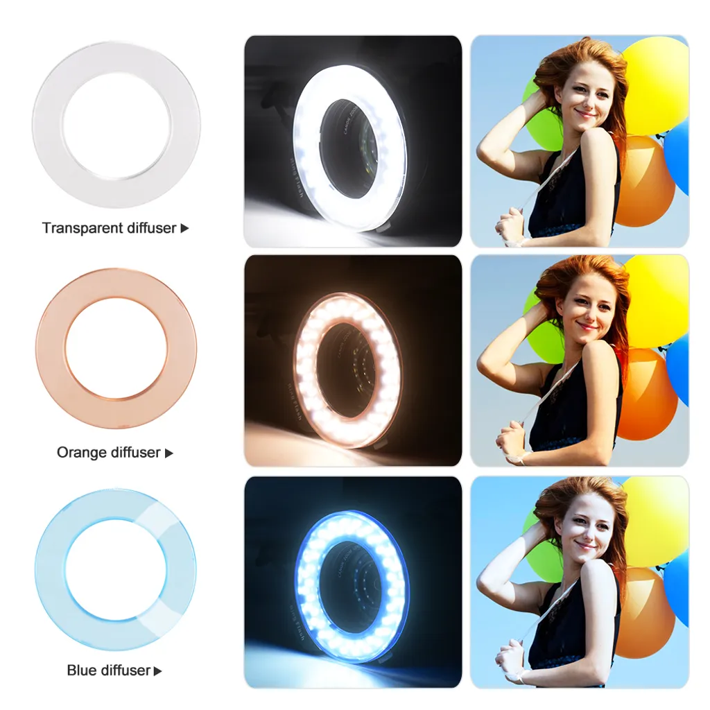Drei Ringlicht-Diffusoren in transparent, orange und blau mit ihren Leuchteffekten und Porträts.