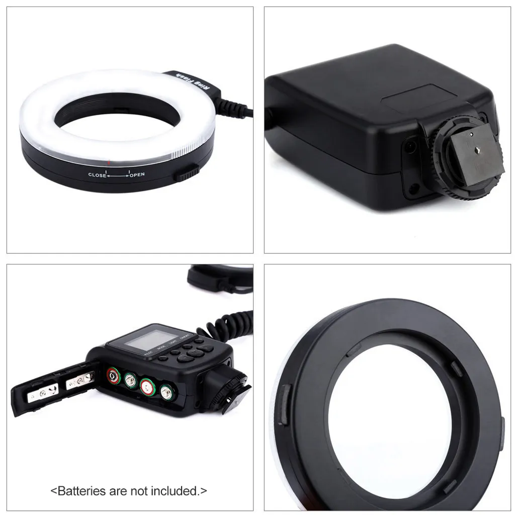 Vier Bilder zeigen verschiedene Teile eines schwarzen Makro-Ringblitzgeräts mit Batteriefach und Kamerahalterung.