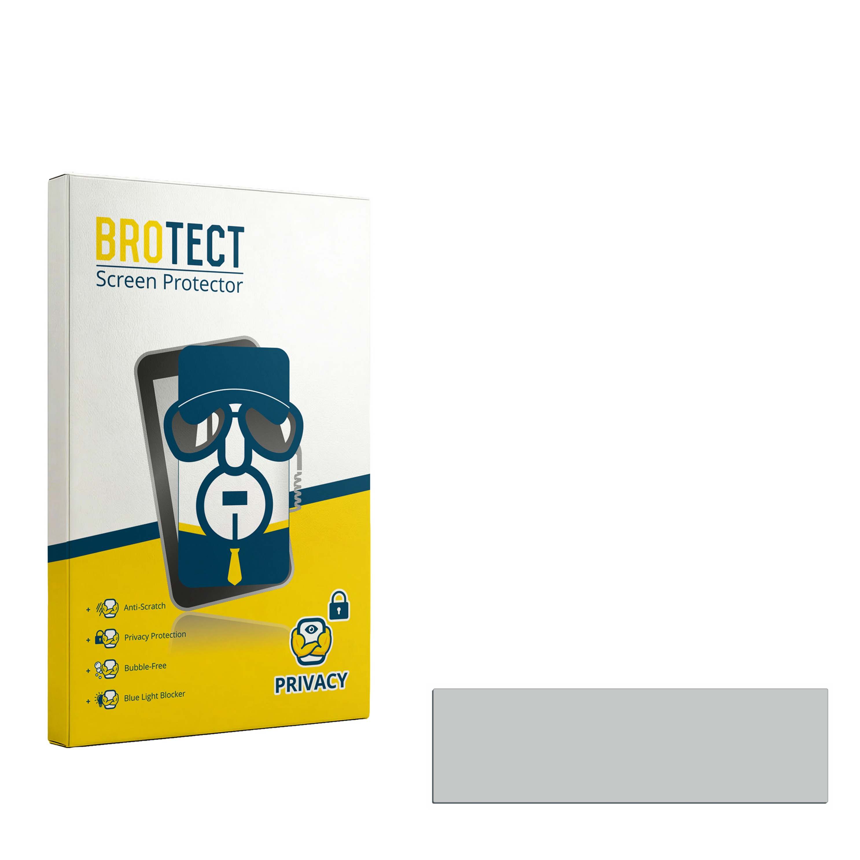 BROTECT Displayschutzverpackung mit stilisierter Figur in Gelb und Blau auf weißem Grund.