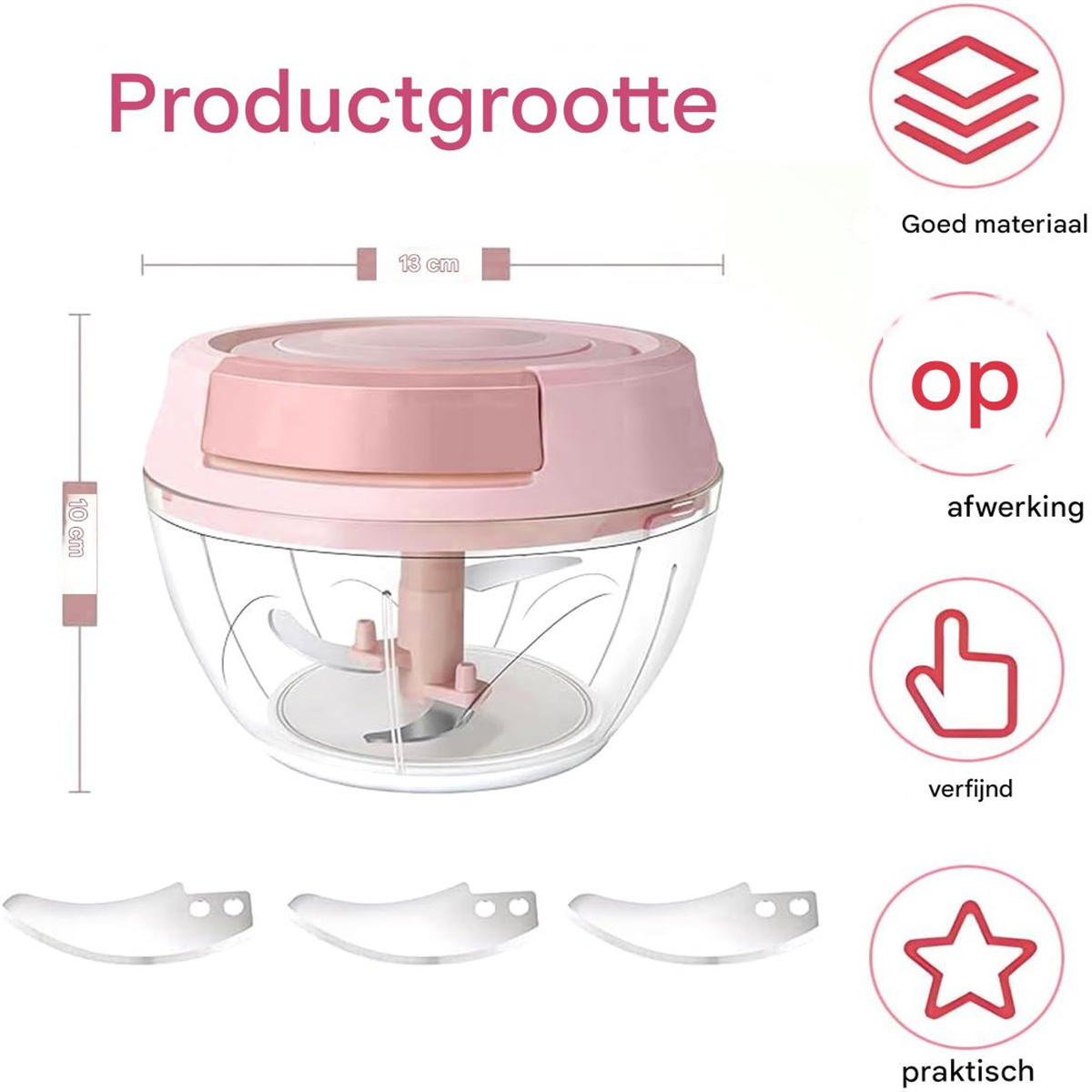 Rosa und klarer manueller Zerkleinerer mit Maßen, drei Klingen und Symbolen.