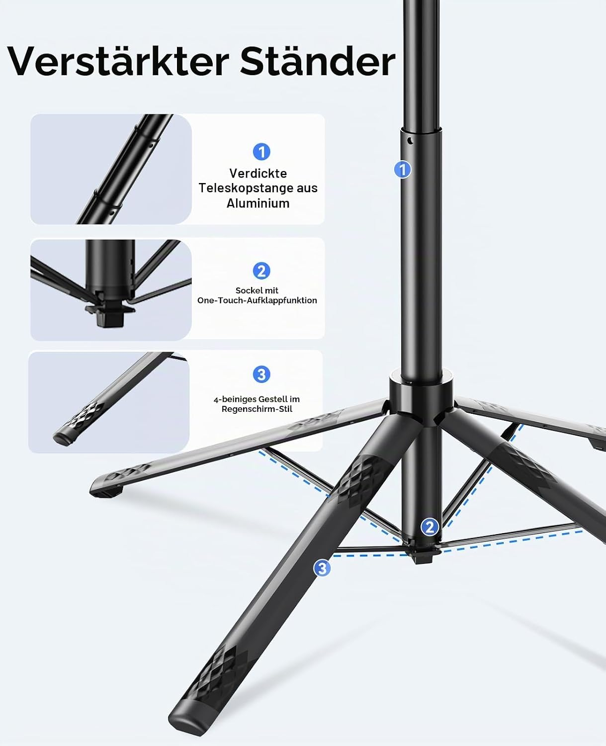 Diagramm zeigt einen verstärkten Aluminium-Ständer mit Teleskopstange und einem vierbeinigen Regenschirm-Gestell.
