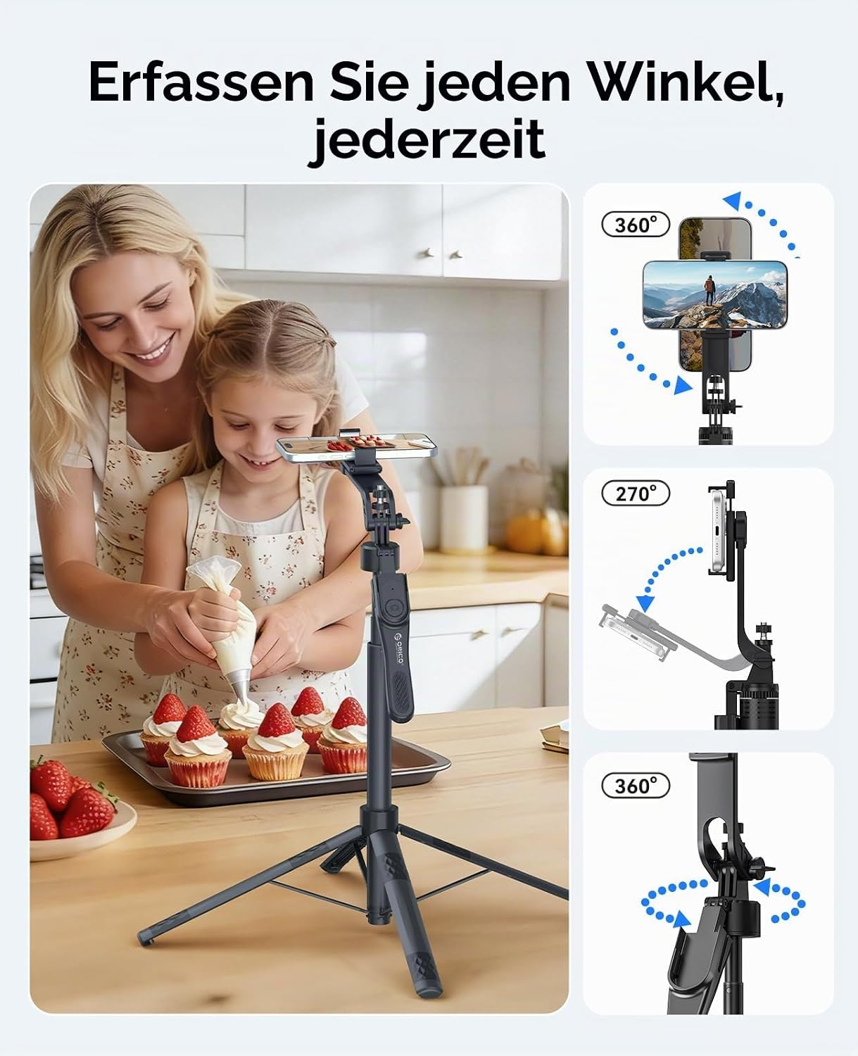 Frau und Kind dekorieren Cupcakes in der Küche, gefilmt von einem flexiblen Smartphone-Stativ.