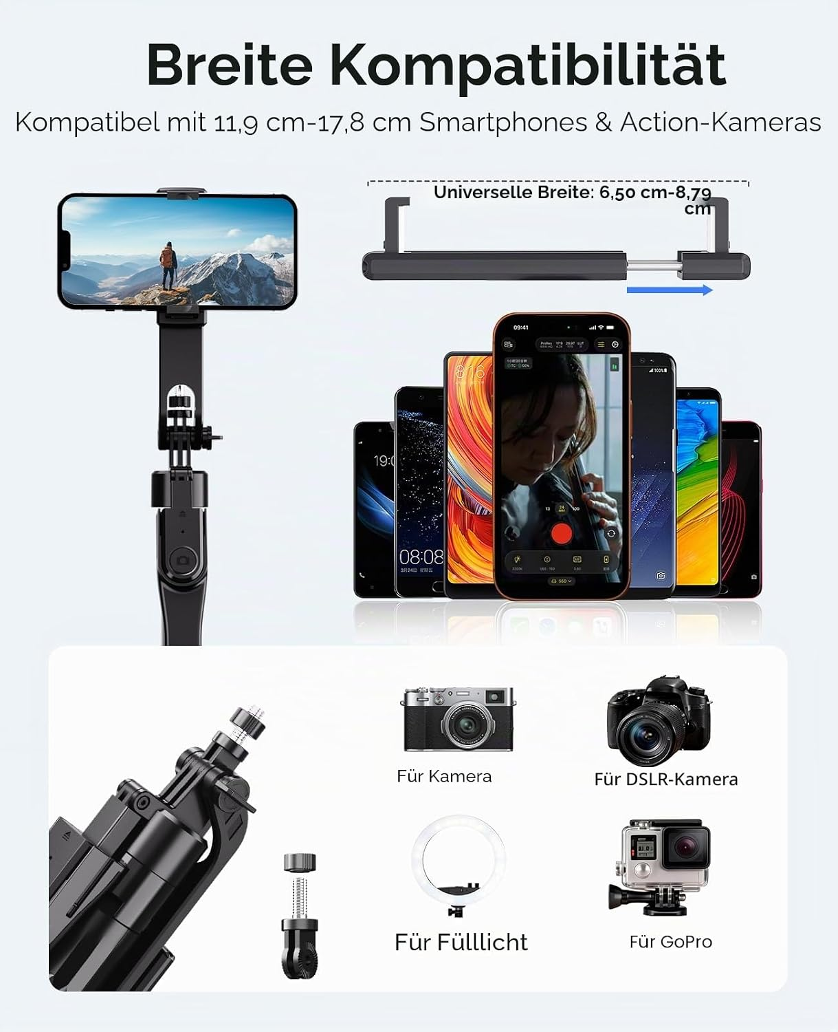 Selfie-Stick kompatibel mit verschiedenen Smartphones, Kameras, Ringlichtern und GoPros.