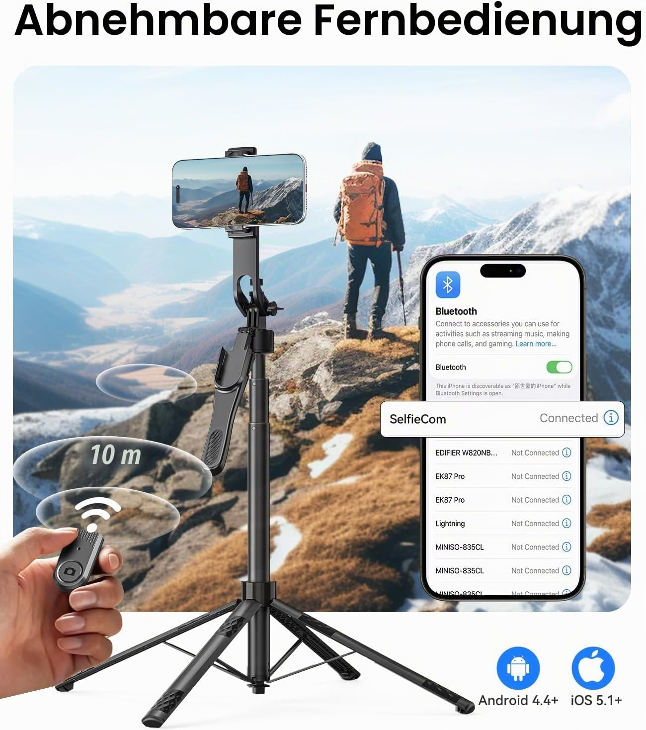 Ein Smartphone-Stativ mit abnehmbarer Fernbedienung, Bluetooth-Verbindung und Android- sowie iOS-Kompatibilität.